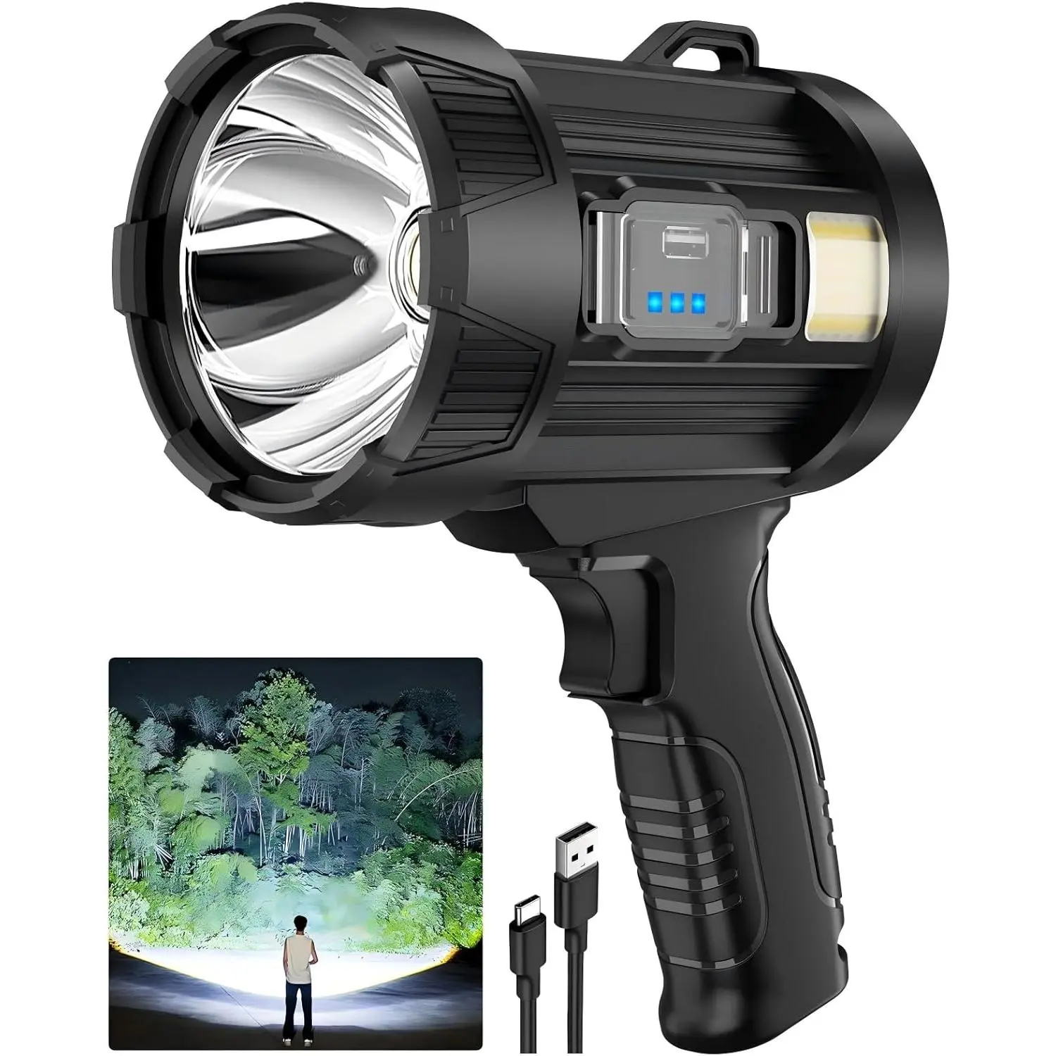 2,000,000 Lumens Rechargeable Spotlight Flashlight, Super Bright Handheld LED Spot Light with Solar Panels, COB Light & 3 Color Filters, IPX5  for Camping,
