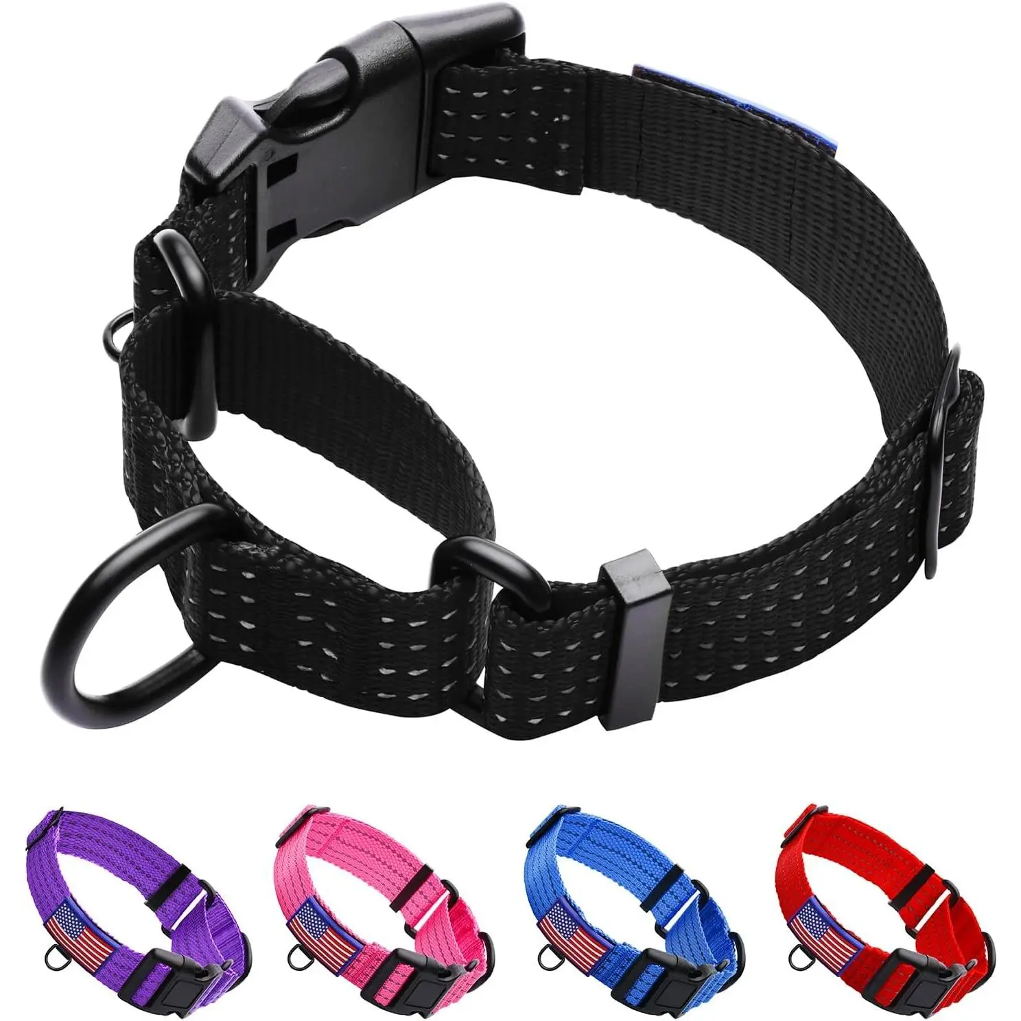 Martingale Collar for Training Dogs. Adjustable Reflective Collars with Buckle-USA Flag- NO Pull-Prevents Slipping Out, for Medium Large XL Dogs. Helps with Strong pullers(L, Black)