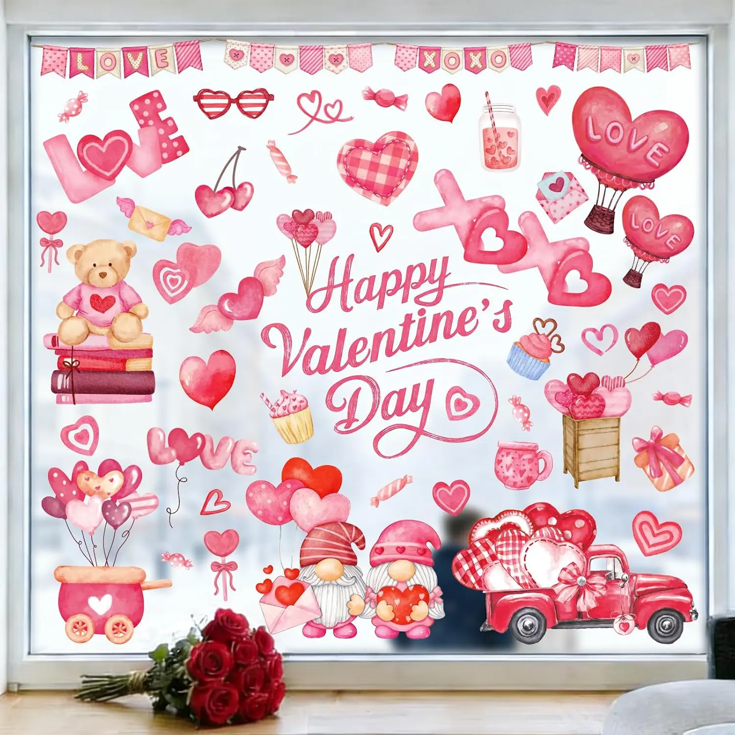 123 count Valentines Day Window Clings Decorations, 9 Sheets Red  Heart Happy Valentines Window  for  Office Classroom Anniversary Party Store Glass Crafts Stickers Decor