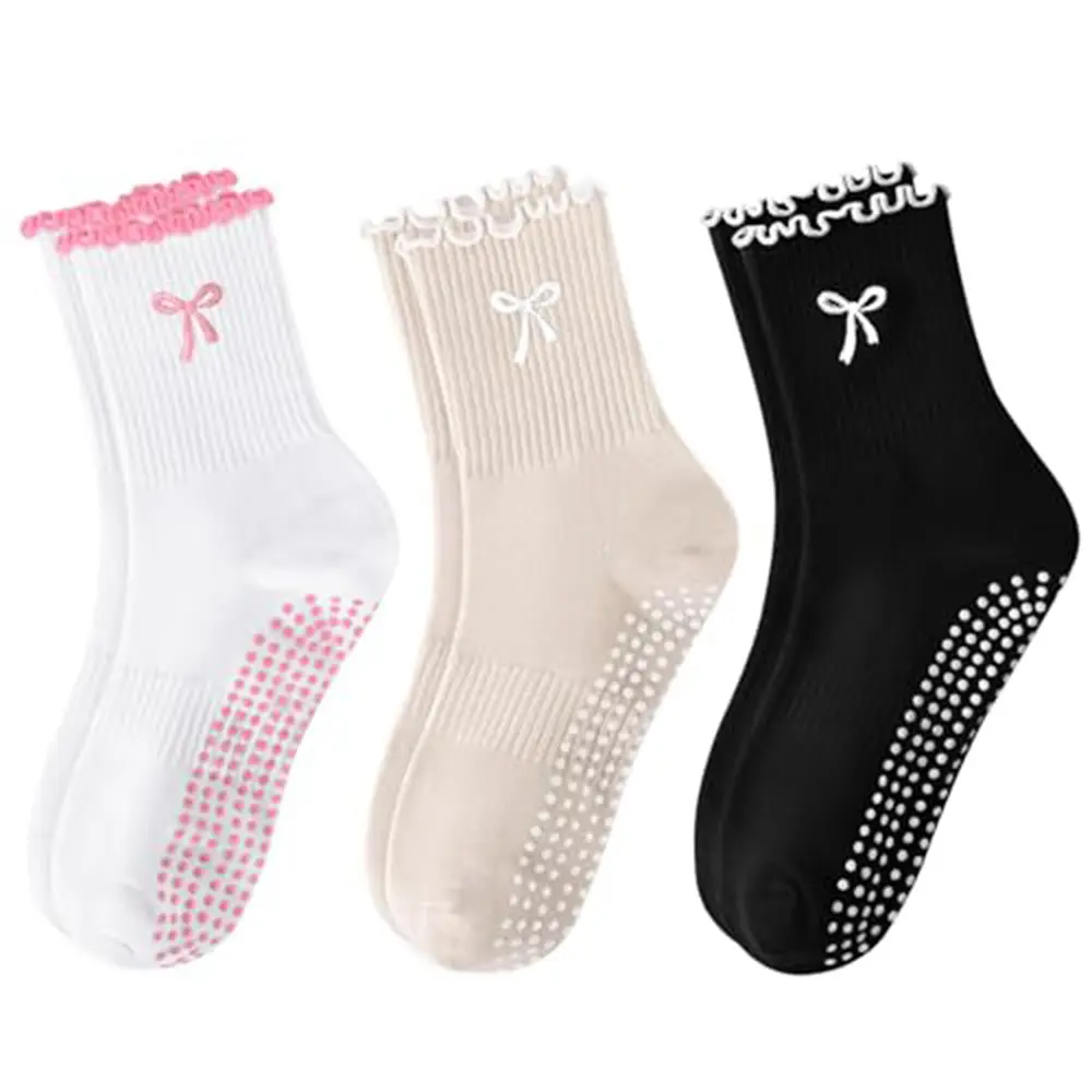 Women's Professional Mid-Calf Pilates Socks Cute Bow Embroidery Non-Slip Silicone Grip Dots Breathable Comfort Yoga Fitness Socks for Gym Studio Barre Ballet Home Workout Daily Casual Wear