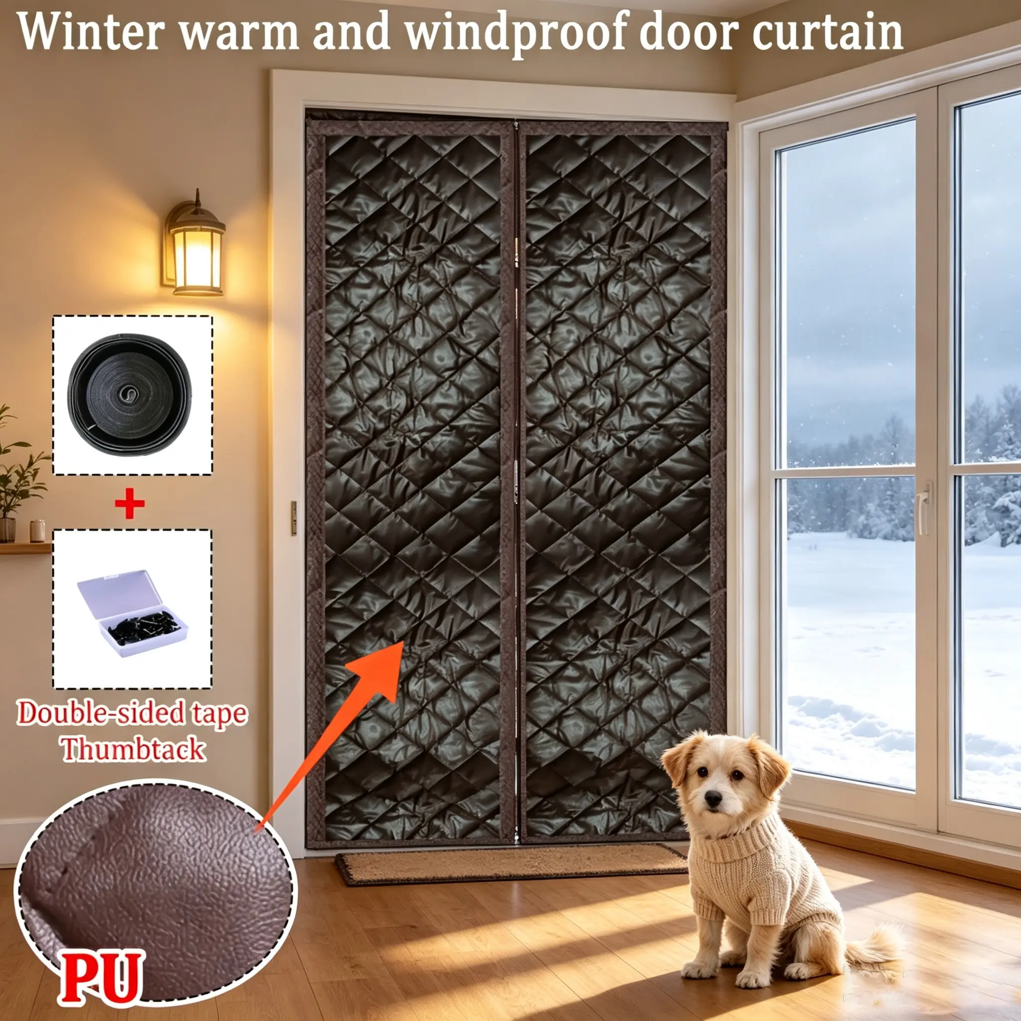 PU Leather Winter Magnetic Insulated Door Curtain, Wide Top Windproof Warm Self-Closing Home Door Screen, Energy Efficient Design