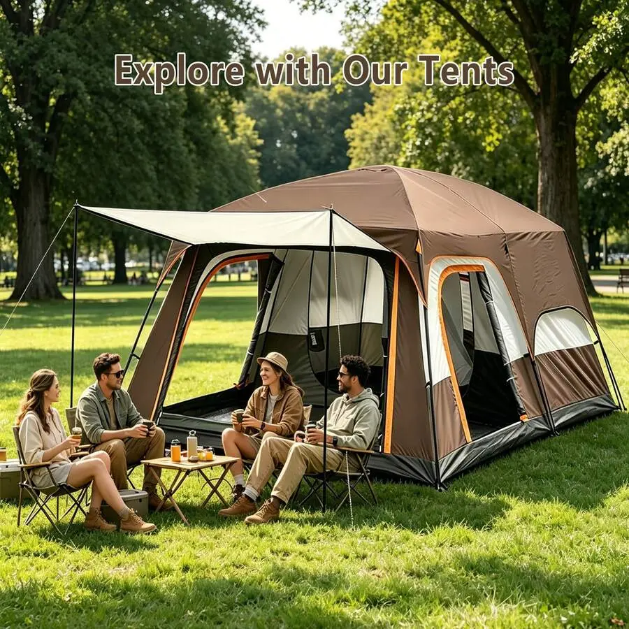 Person Extra-Large Outdoor Camping Tent.Two Bedrooms And A Living Room With An Extended Canopy To Accommodate Multiple People.Waterproof, Sunproof, And Weatherproof.Mosquito Netting Allows Natural Breezes While Keeping Out Insects.Suitable For Various Sce