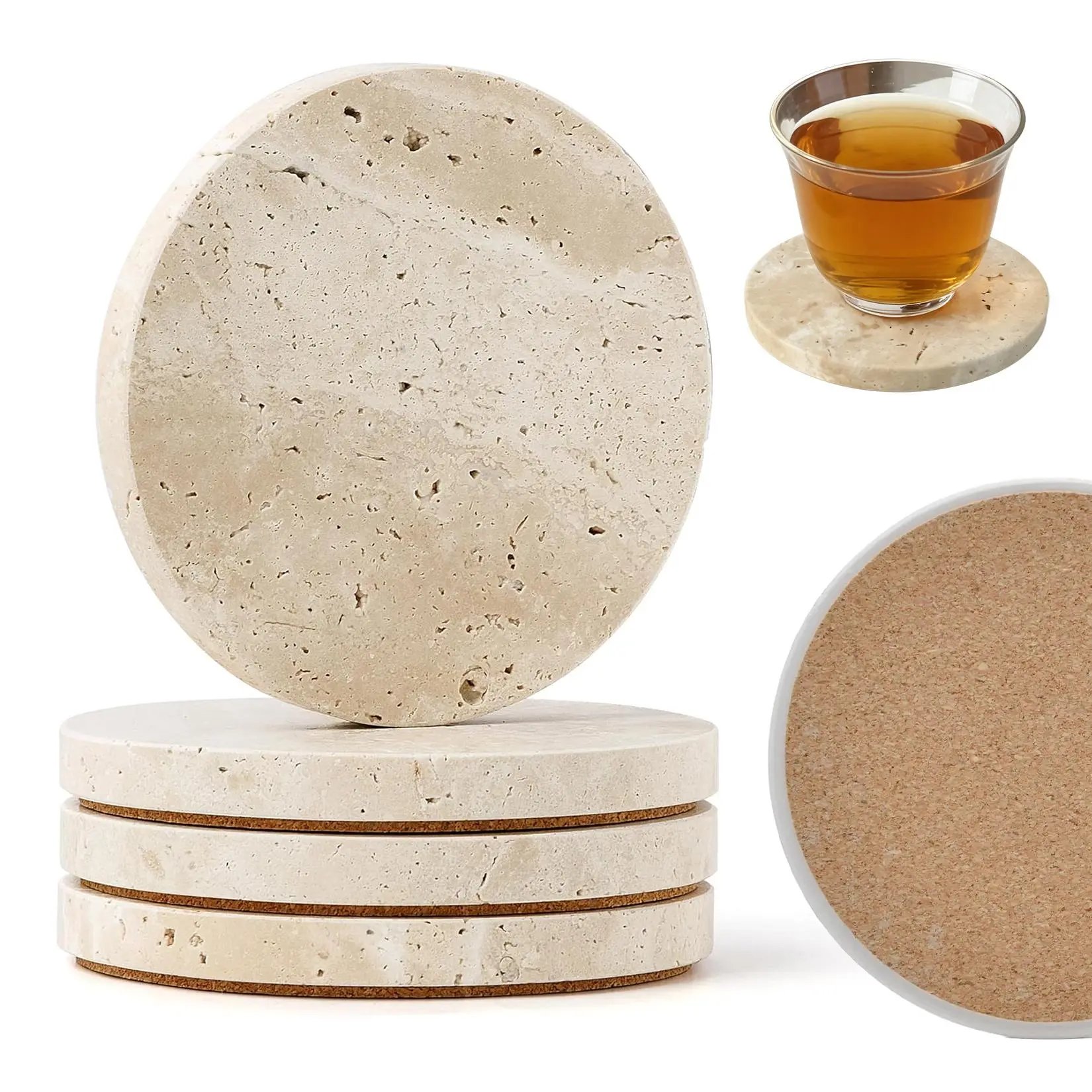 Natural Travertine Marble Tableware Coasters Set of 4, 4-Inch Round Stone Drink Mats with Thick Cork Base, Absorbent Cup Coasters for Coffee Bar, Housewarming Gift