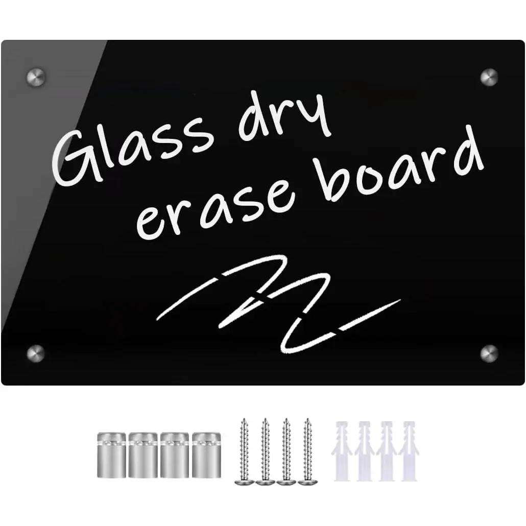 Black Glass Dry Erase Whiteboard, 8"" x 12"" Frameless Glass White Board for ,School,Office,Black Surface(Glass -BK-2030)