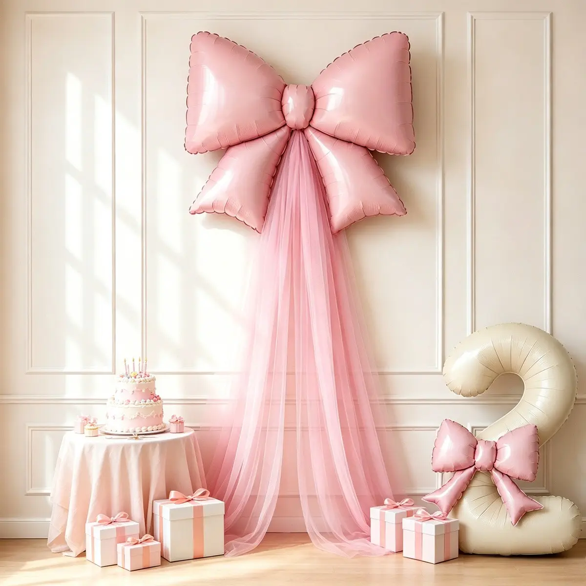 5Pcs DIY Bow Birthday Backdrop Balloon Set, 32 Inch Cream White Number Aluminium Foil Balloons 1-9, Light Pink Bow Balloons with Tulle & Glue Dots, Princess Themed Party Decor, Perfect for Bridal Shower, Proposal, Anniversary & Birthday Photoshoot Props
