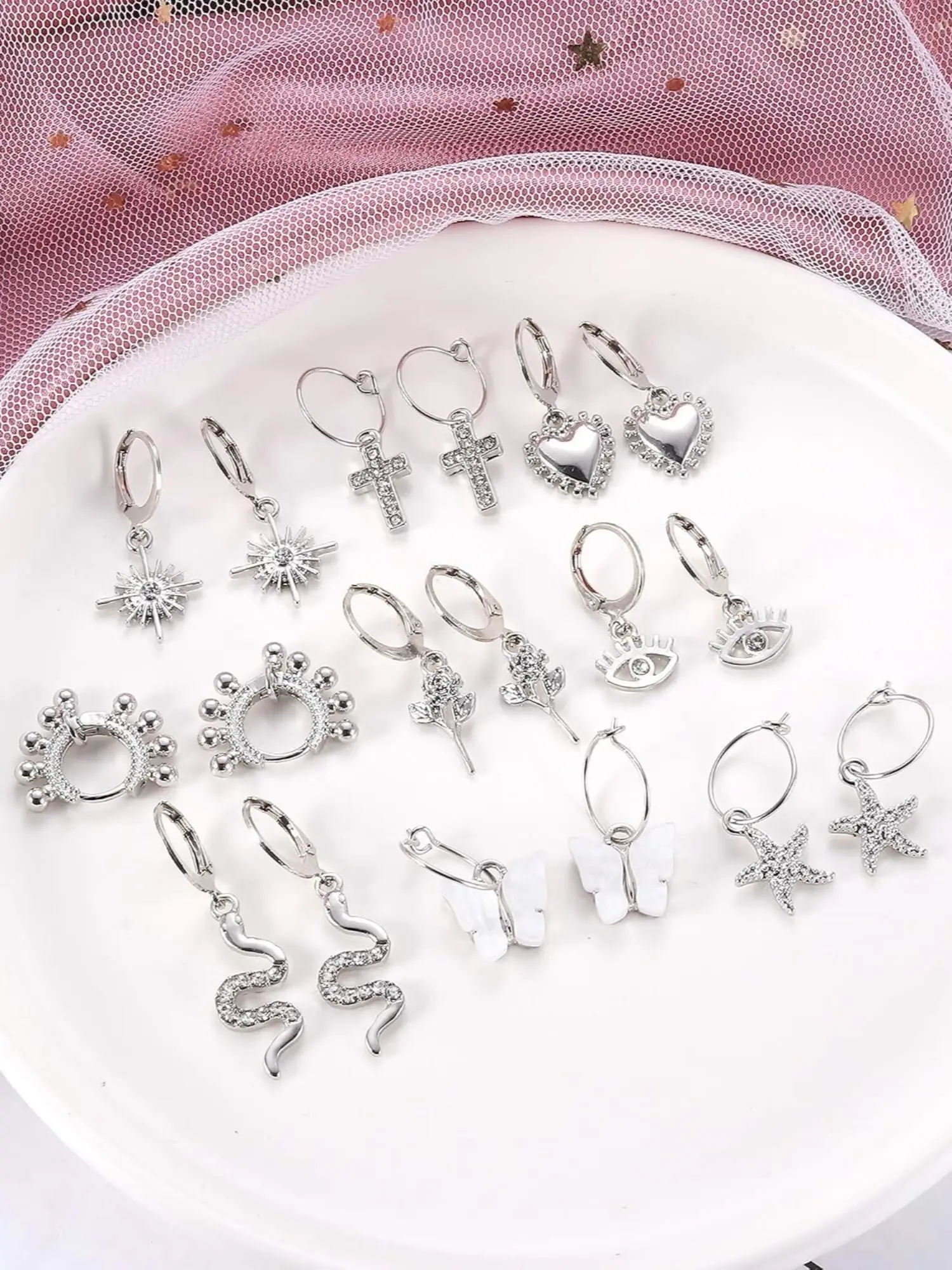 9 Pairs Matte Silvery Interchangeable Drop Charm Click Hoop Earring Set for Women Men Daily Customizable Layered Ear Styling Lightweight Thin Wire Hypoallergenic Stainless Steel Snap-Click Hoops Assorted Boho Symbolic Charms