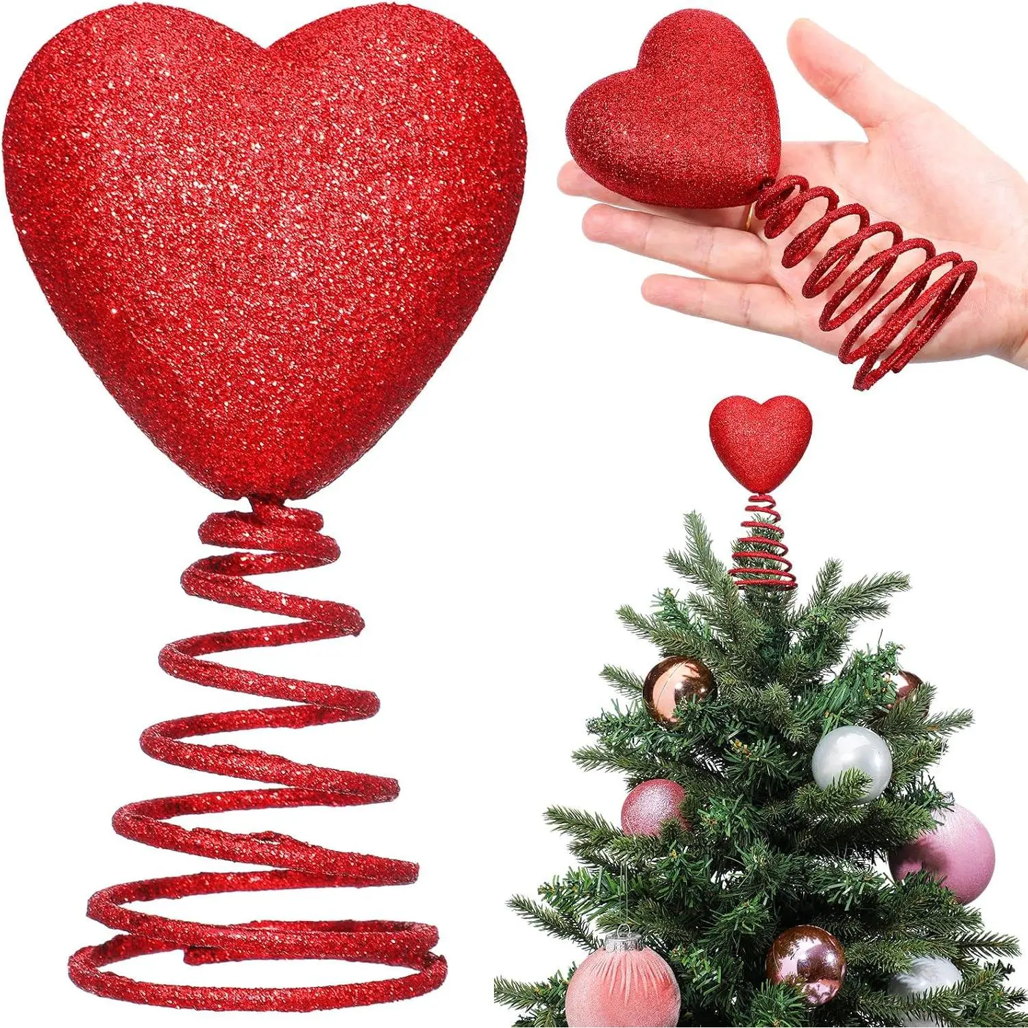 5 Inch Mini Valentine Day Tree Topper Glitter Hearts Tree Topper for Mini Trees Heart Decorations for Valentine's Day Party Holiday Ornament  Decoration