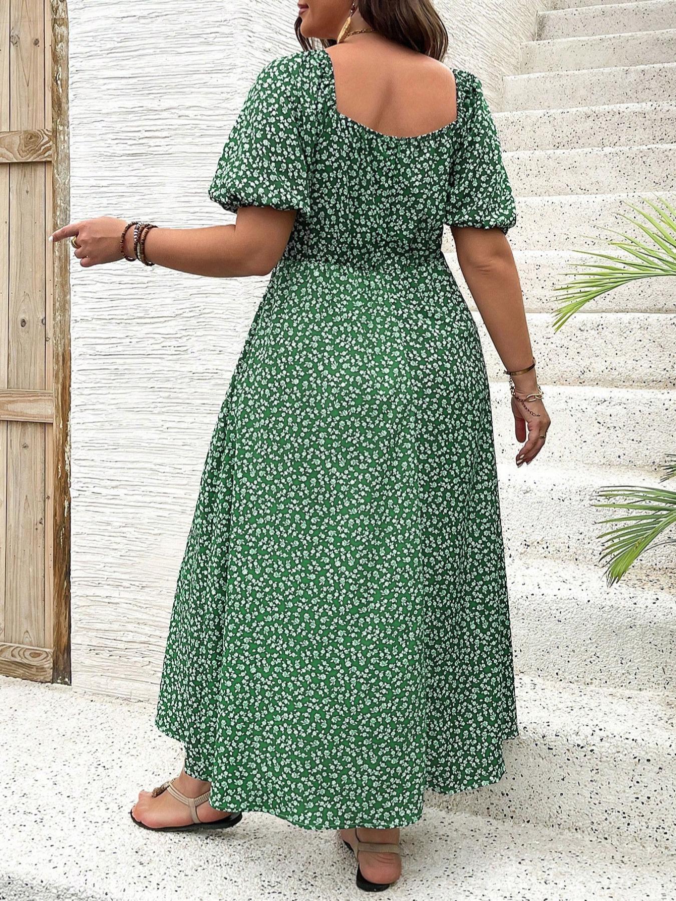【Plus Size】 Ditsy Floral / All Over Print Split Thigh Dress, Casual Puff Sleeve Tie Front Dress, Women Plus Clothing for Summer Daily Wear