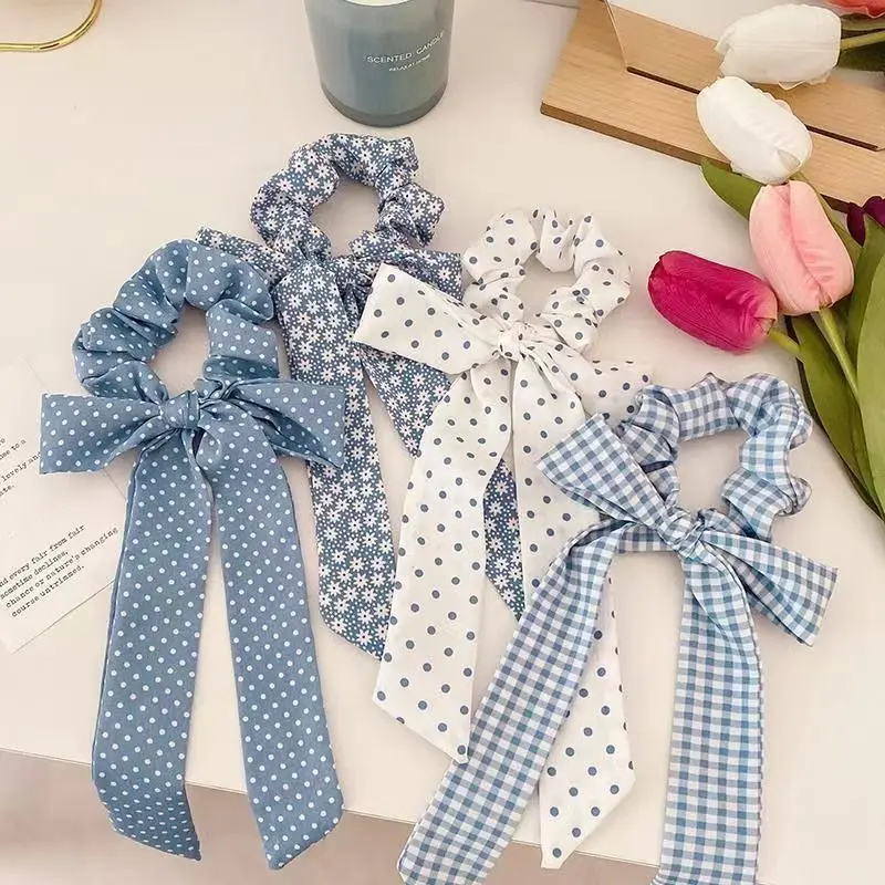 Women's Vintage Fabric Scrunchies, 4-Pcs Set with Plaid & Polka Dot Prints, Long Ribbon Bowknot Ties, Assorted Fashion Hairbands