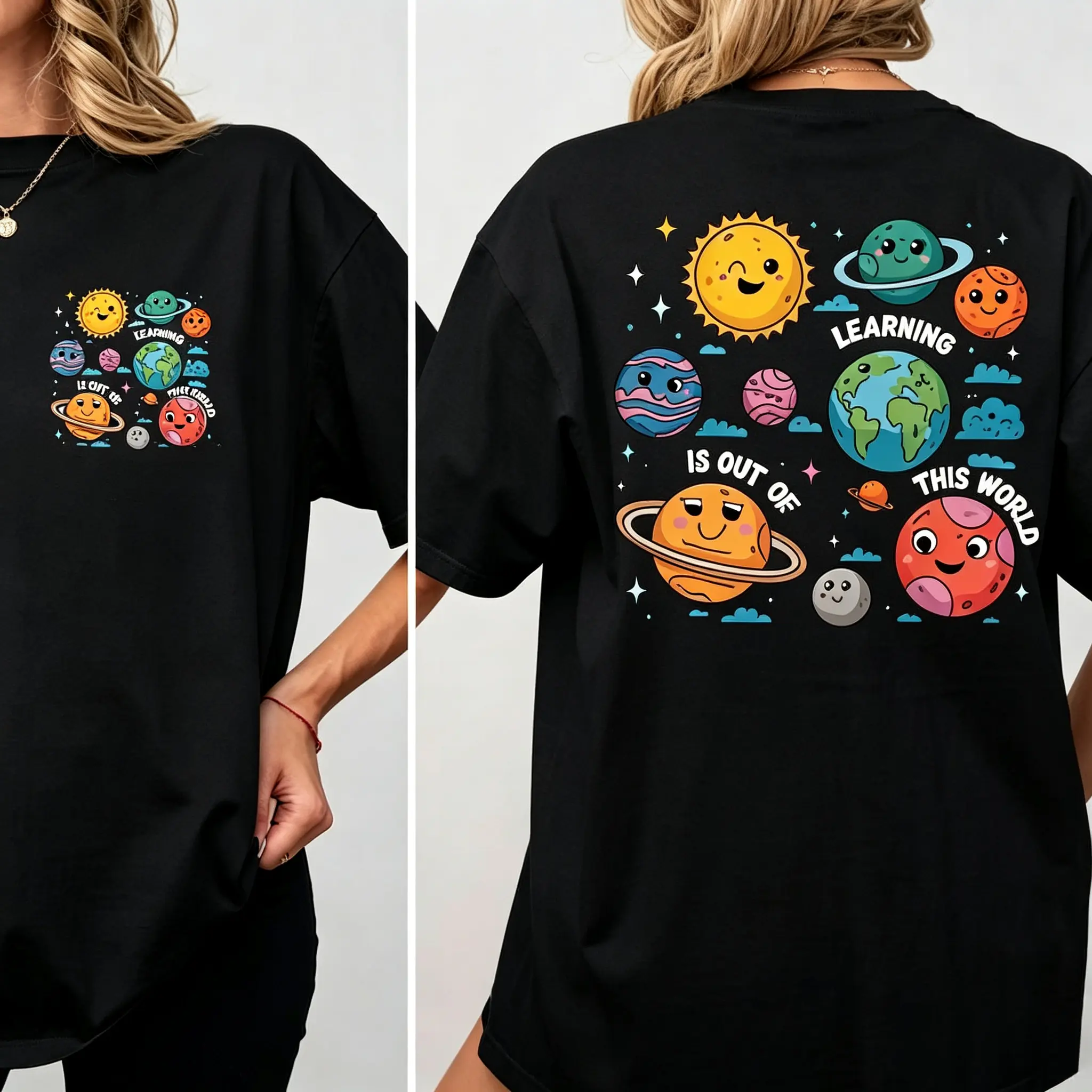 Front & Back Print Space Teacher T-Shirt, Learning Is Out Of This World Cute Cartoon Planet Sun Graphic Tee, Astronomy Science Teacher Casual Black Short Sleeve Top