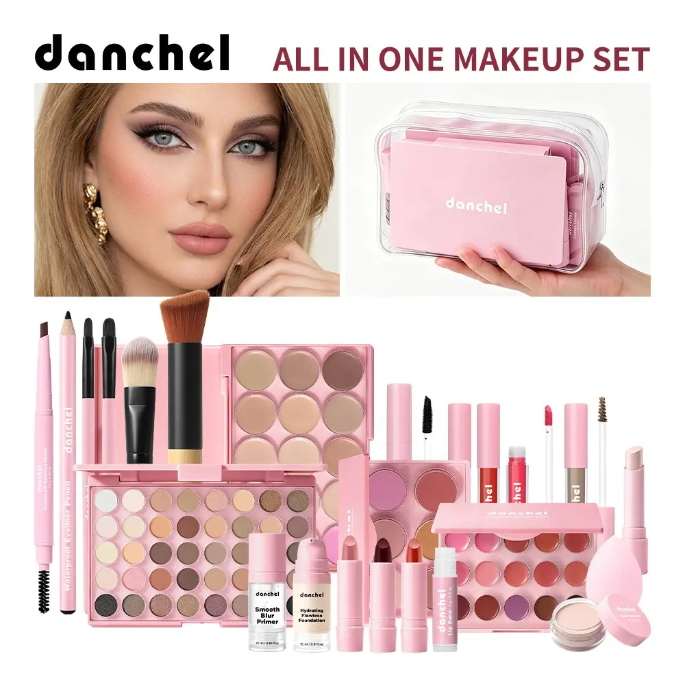 danchel All-in-One Makeup Kit, Cosmetic Makeup Set, Beauty Kit, Full-Face Essentials: Foundation, Concealer, Contour, Blush, Eyeshadow, Lipstick & Mascara, with Brushes & Sponge & Bag, Beginner-Friendly, Portable, Ideal for Daily, Travel & Gifting