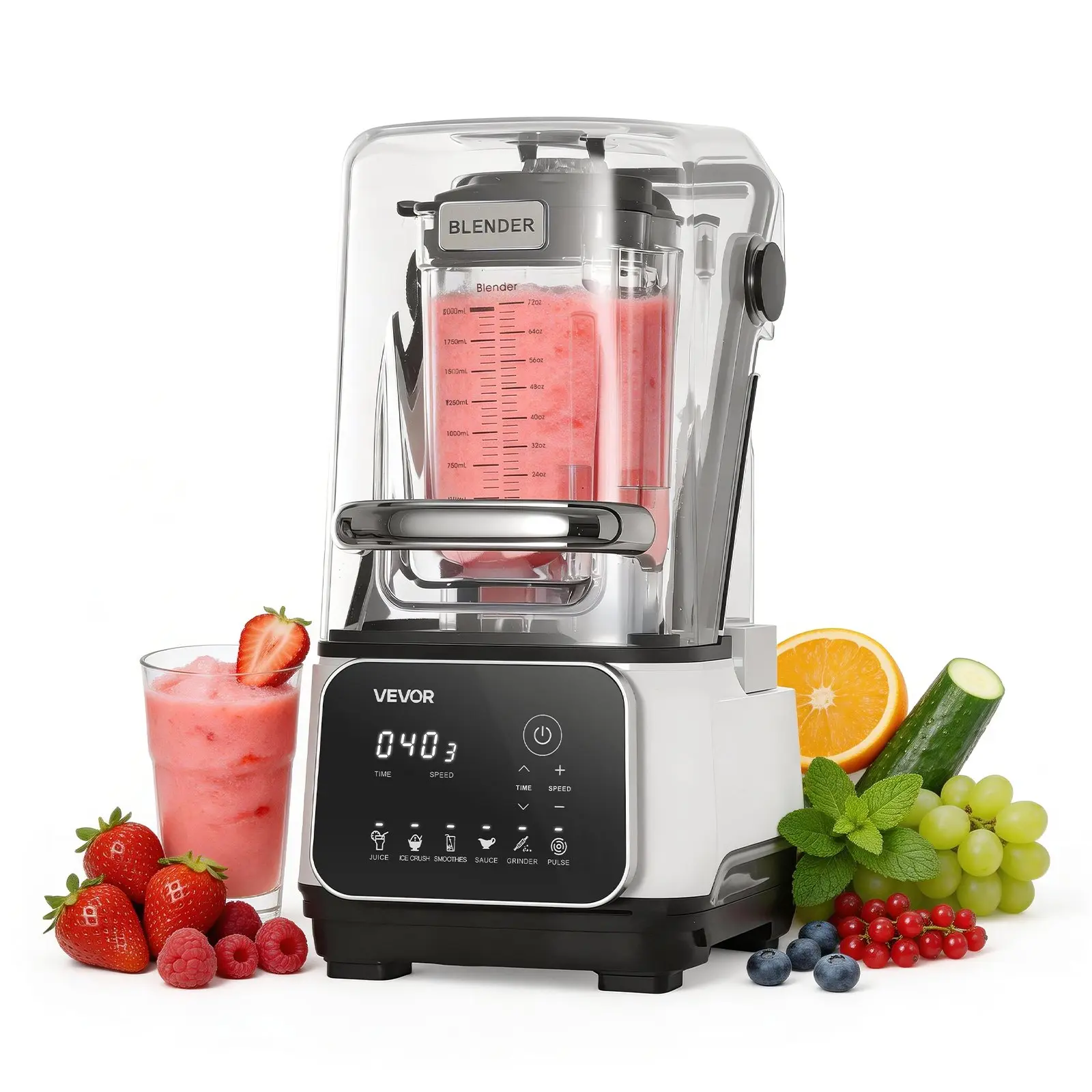 VEVOR 68oz Professional Countertop Blender with Shield, 1400W 26000RPM Kitchen Food Processor Combo, Self-Cleaning, Speed-Adjustable, 6 Preset Menus for Smoothies, Ice Crushing, White