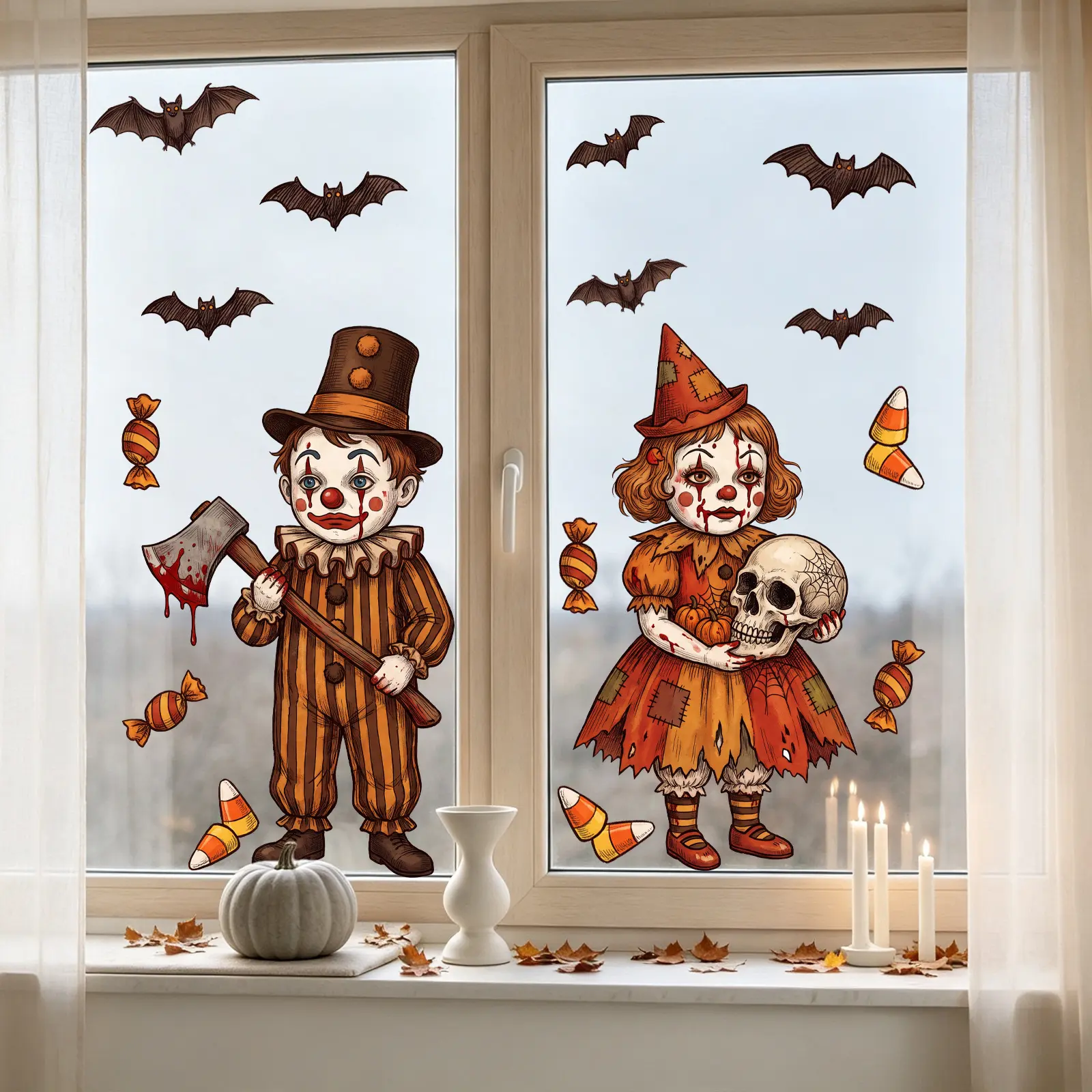 2Pcs Set (3050cm2pcs) Dark Scary Halloween Static Window Clings, Vintage Doll, Clown, Skull & Bloody Axe Elements, Static Adsorption Decor Stickers for Shop Window