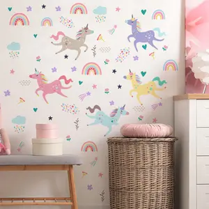 A set of 6 pieces (20*30cm*6pcs) Unicorn Rainbow Cloud Flower Love Wall Stickers for Living Room, Bedroom, Home Background Decoration B13510-KN Decoration Items Decorative Wall Sticker