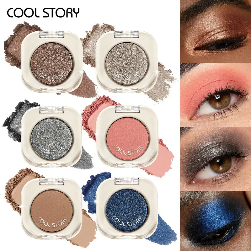 1Pc COOL STORY Single Pan Eyeshadow Compact Matte Glitter Shimmer Multi Finish Buildable Pigment Blendable Low Fallout Long Wearing Portable Flip Case For Daily Office Party Festival Travel Touch Up Makeup Beginners Eye Makeup Lovers