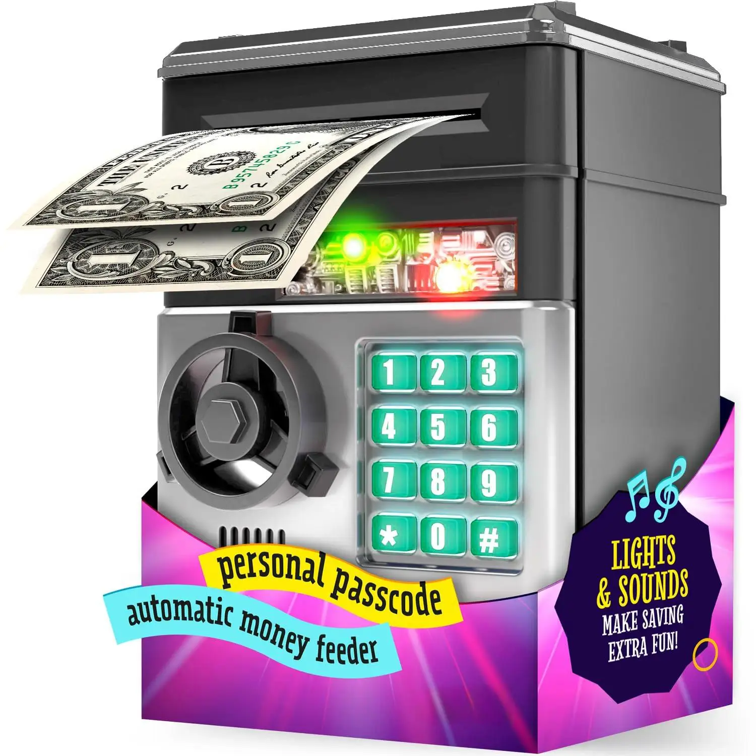 Piggy Bank for Boys Adults, Money Box, Electronic ATM Coin Cash Bank with Password Code Lock and Auto Grab Bill Slot, Large Capacity Coin Bank Money Jar for Adults, Designed for All US Coins, Capacity 10000+