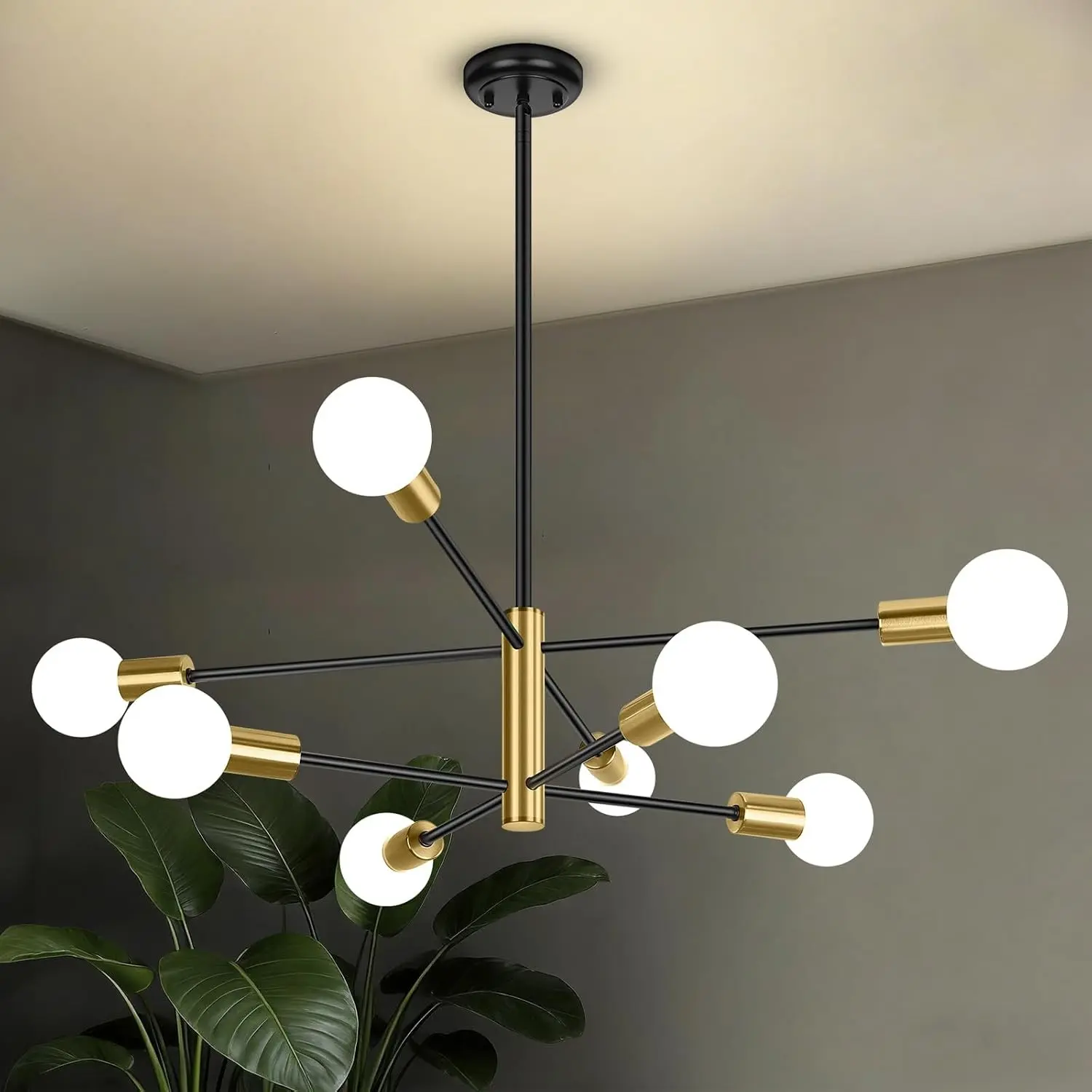 31‘’ 8-Light Modern Sputnik Chandelier, Mid Century Black & Gold Chandeliers Lighting, Farmhouse Ceiling Hanging Light Fixture for Dining Room Bedroom Room Kitchen Foyer, Height Adjustable