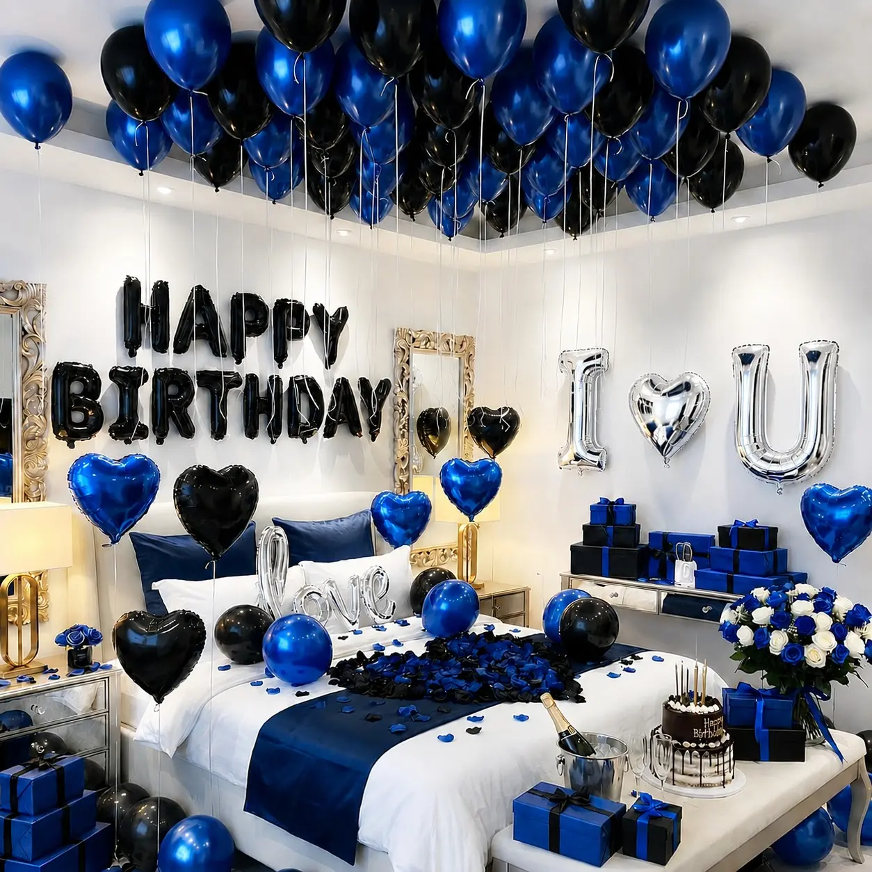 Romantic Birthday Decoration Kit, I Love You & Happy Birthday Foil Balloons, Blue Black Silver Balloons with Artificial Rose Petals, Balloon Set, Surprise Room Decor for Him, Anniversary, Valentine's Day, Hotel Room