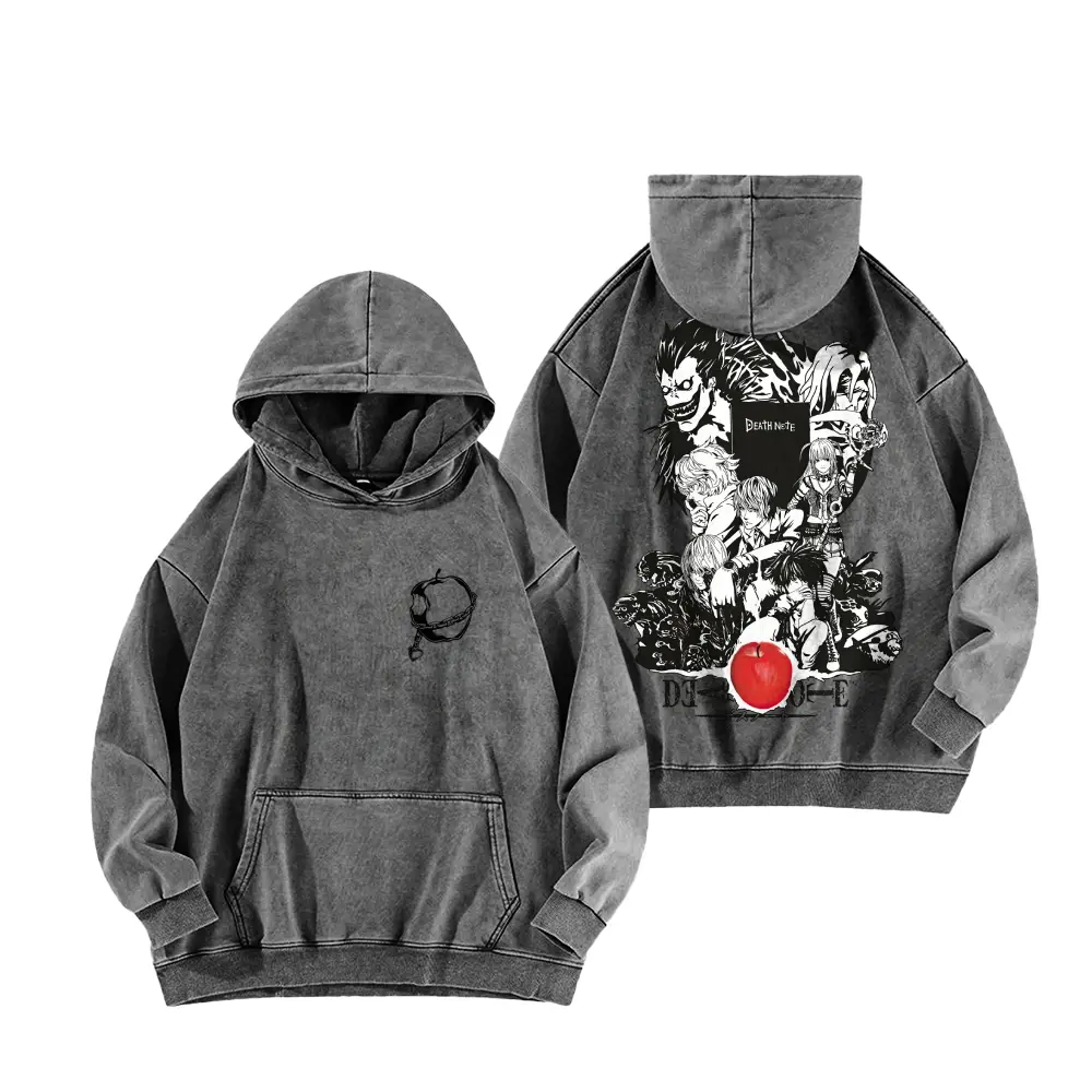 Unisex Vintage Washed Gray Pullover Hoodie, Japanese Dark Mystery Anime Characters Front & Back Double‑Sided Graphic Hooded Sweatshirt, Oversized Retro Streetwear Fleece Top with Kangaroo Pocket, Multiple Colors Available