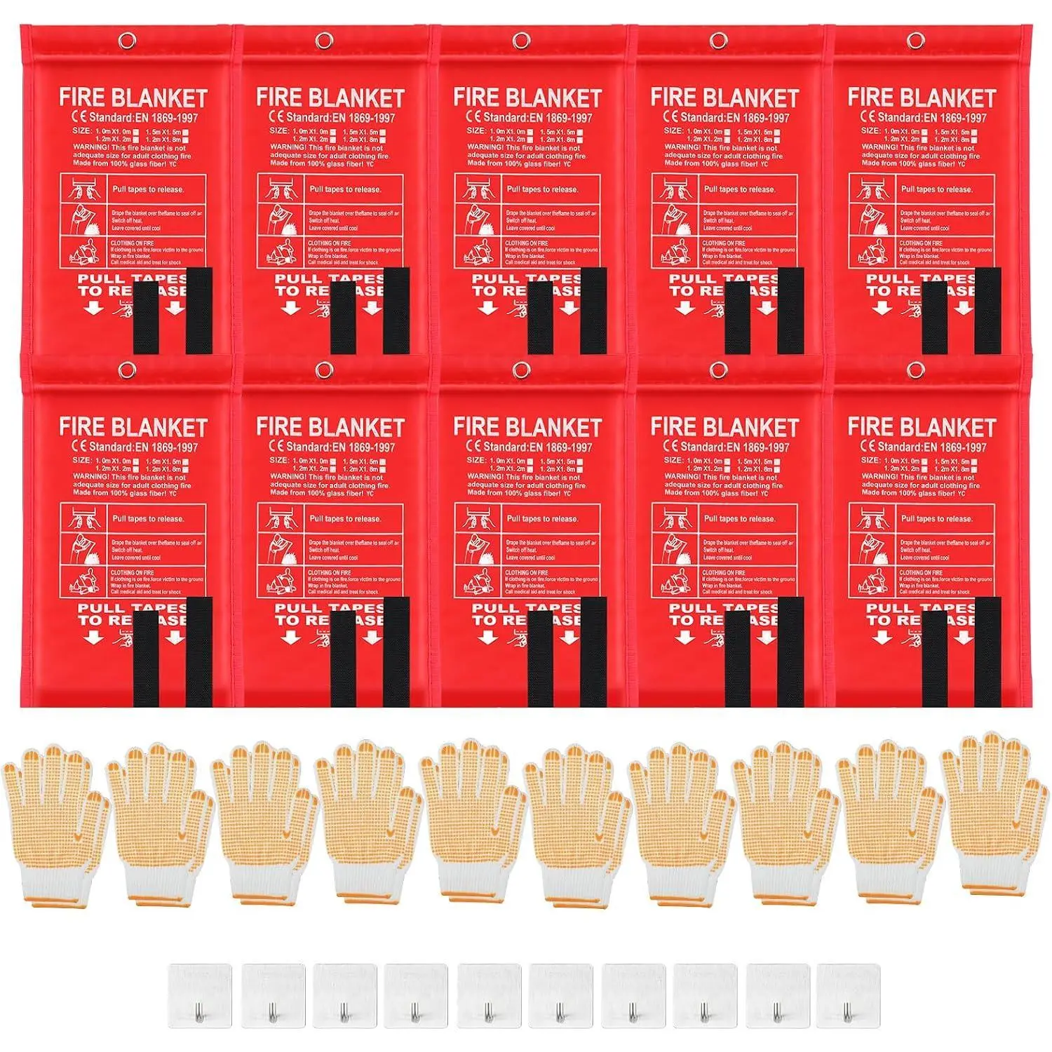 30 Pcs Emergency Fire Blankets for Home and Kitchen 40x40 Inch 10 Fiberglass Fire Suppression Blankets with 10 Fireproof Gloves & 10 Hooks for House Grill Fireplace Camping Car Warehouse Safety