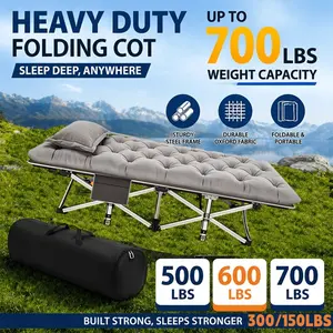 Heavy Duty Folding Camping Bed with Mattress, 150-700LBS Weight Capacity, Extra Wide Portable Adult Nap Cot with Storage Bag for Camping, Office Lunch Break, Travel & Home Use