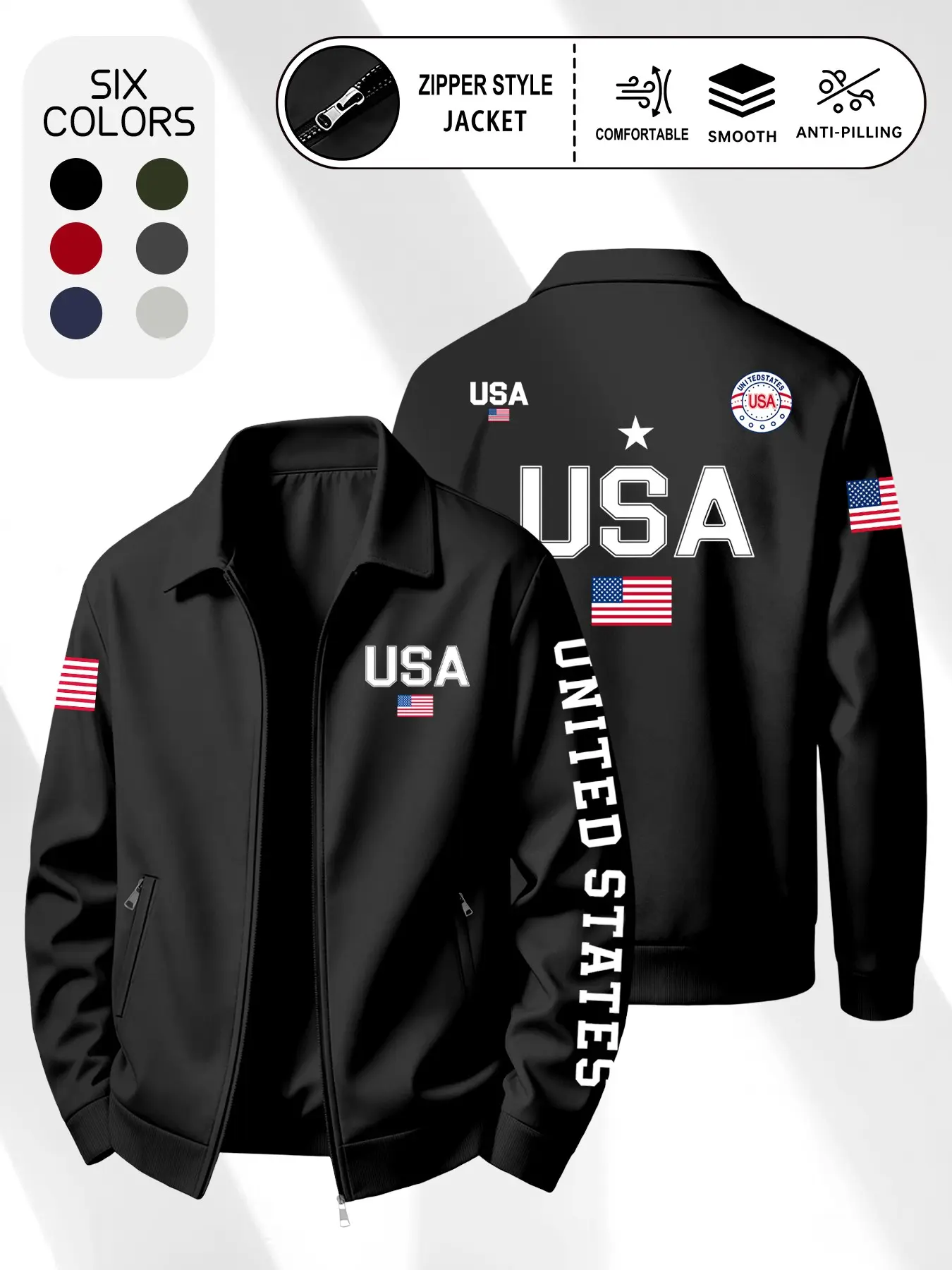 Men's Zipper Long Sleeve Jacket, American Flag Lapel Pocket Coat, Anti-Pilling Classic Casual Fashion, Spring & Fall, Daily Commute, Outdoor, Street Style, Loose Fashion Jacket