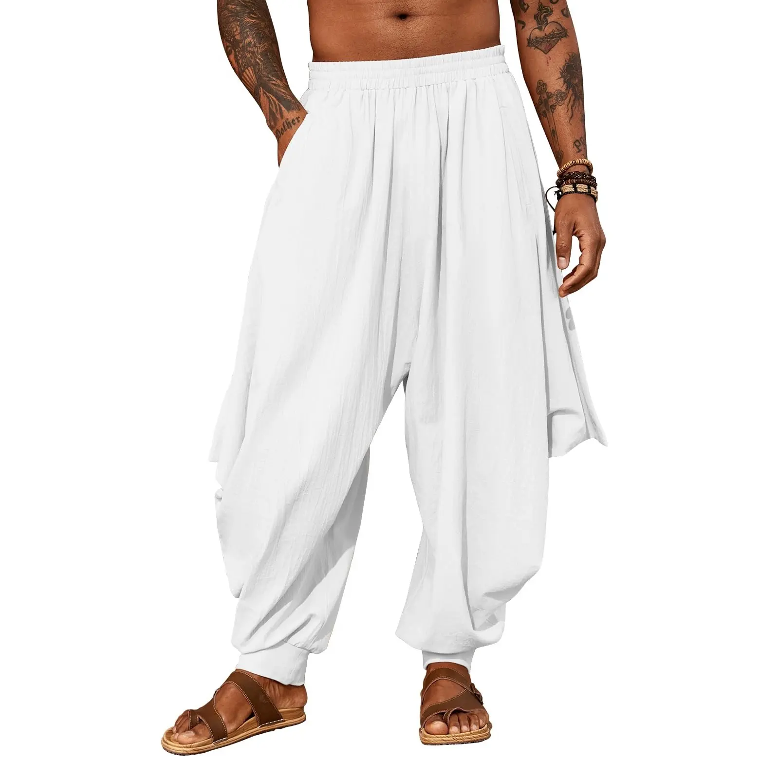 Runcati Mens Harem Pants Linen Yoga Beach Baggy Summer Boho Aladdin Genie Pants