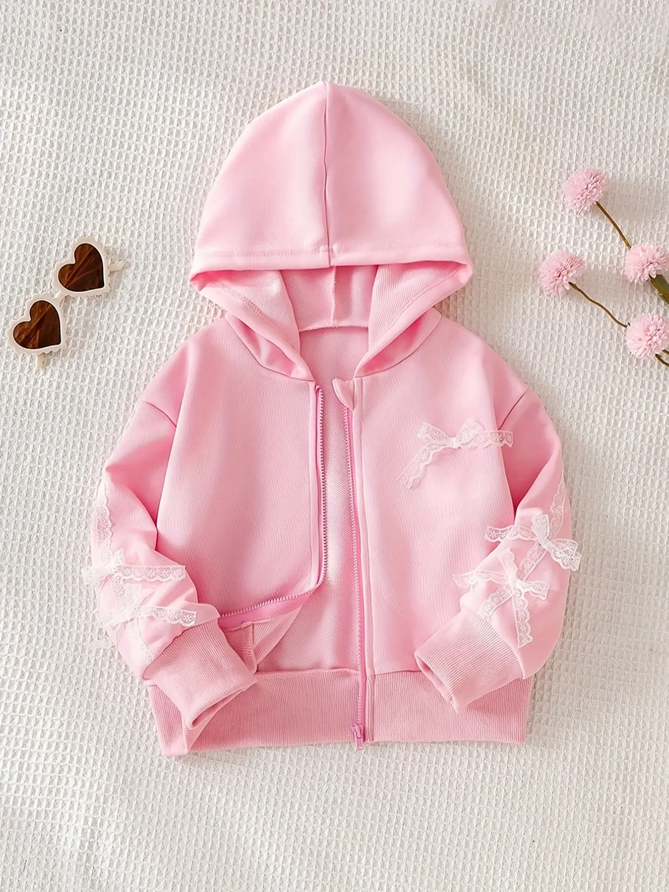 Girls' Spring Summer Korean Style Sweet Princess Lace Bow Zipper Hooded Long Sleeve Sweatshirt Coat, Perfect for Daily Wear, Aesthetic Hoodie, Bow Detail Hoodie, Comfy Sweatshirt
