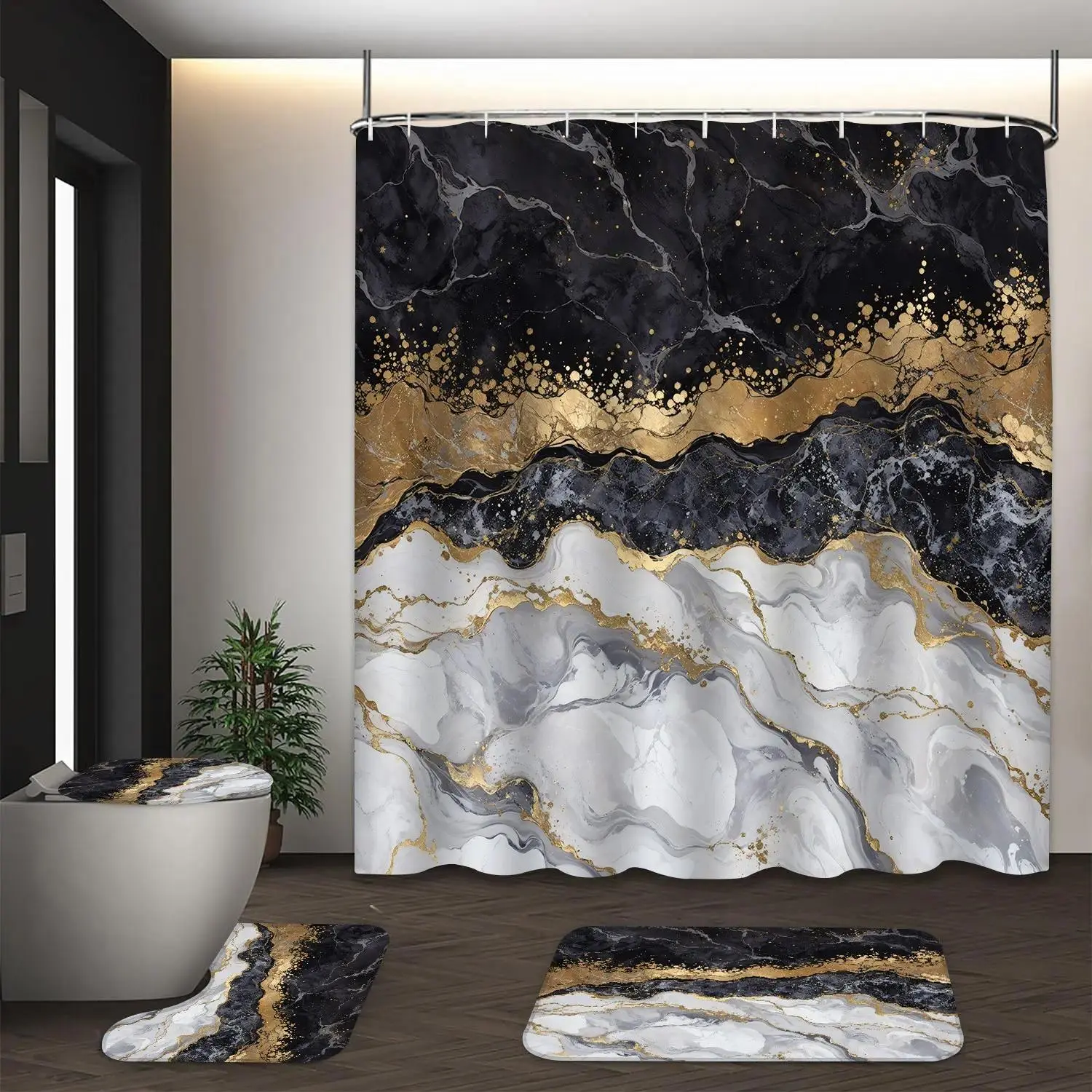 4pcs Black White Gold Marble Luxury Bathroom Set with Shower Curtain, Bath Rugs and Hooks - 70.8"×70.8" (180×180cm) Bathroom Decoration Accessories Bathroom Supplies Restroom