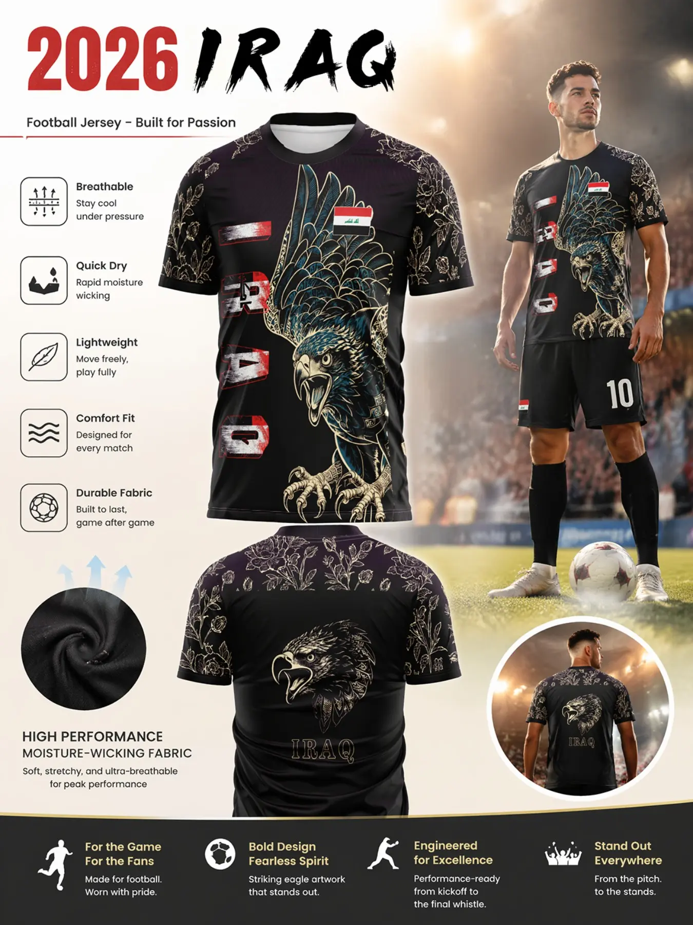 2026 Iraq Soccer Jersey, Football Shirt, Jersey Shirts, Mesh Arabic Flower Print, Quick-Dry Breathable Lightweight Elastic Durable Sports T-Shirt, Ideal for Fans and Training