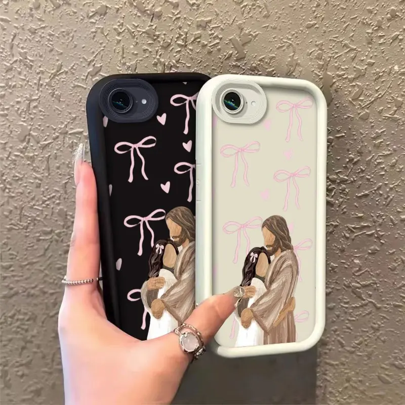 Phone case for iphone 16E 17E Gift Enhanced Peotection TPU Warm Embrace: Jesus and the Girl — Sweet, Faith-Inspired Phone Case with Pink Bows and Hearts soft silicone Celestial Eye Layered Phone Case ROOJTLU4V