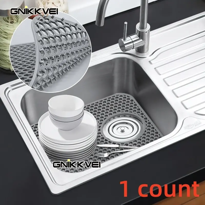 Silicone Sink Protector Mat, Non-Slip Foldable, Durable Material, Fits Farmhouse Style Stainless Steel or Ceramic Sinks, 13.39''x11.42'', with Drain Hole