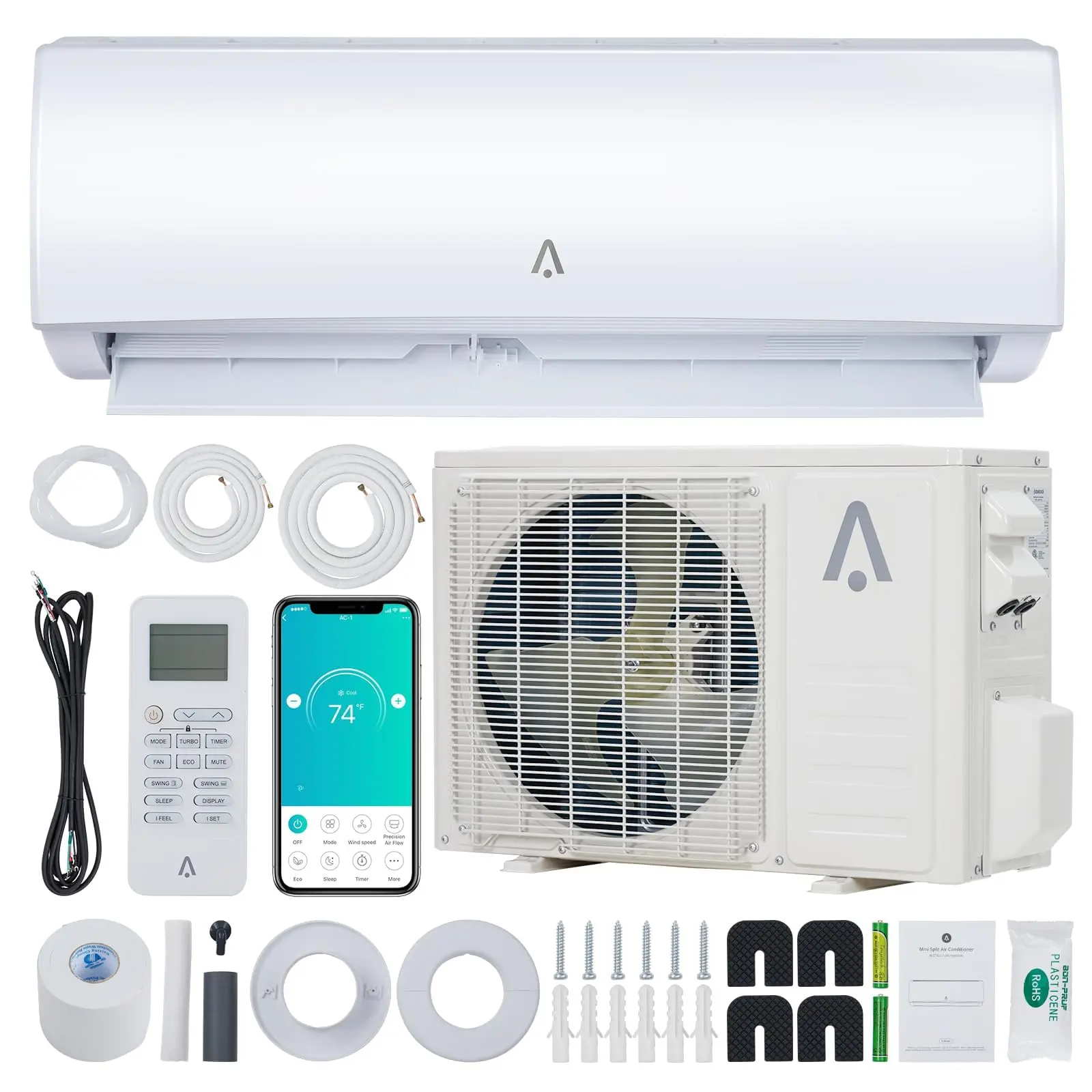 12,000 BTU WiFi Enabled Ductless Split-System Household AC, R454B 19 SEER2 115V Inverter Energy Saver Heat Pump, Pre-Charged Condenser, Installation Kit, 750 Sq.Ft Coverage for Heating Cooling, Home Cooling, HVAC Solutions