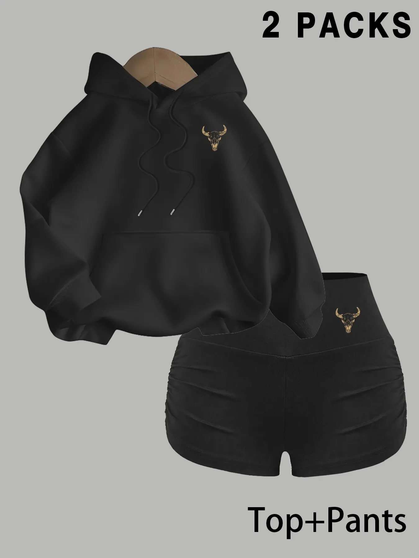 Women Western Cowboy Bull Skull Print 2 Piece Lounge Set, Oversized Hoodie & High Waist Shorts, Vintage Country Style, Soft Casual Loungewear
