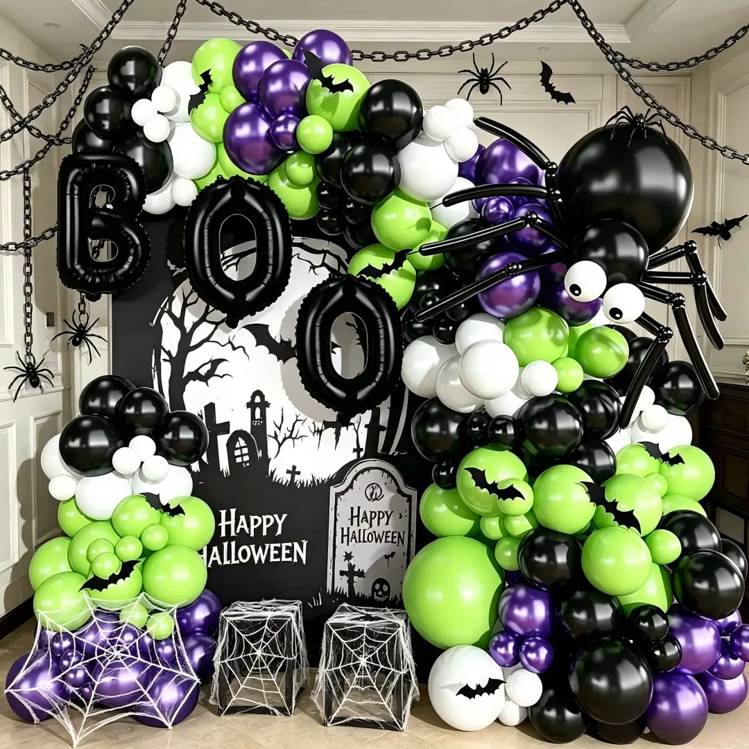 118pcs Halloween Balloon Arch Set, DIY Giant Spider Balloon, 16" Boo Alphabet Foil Balloons, 3D Bat Stickers, Mixed Latex Balloons