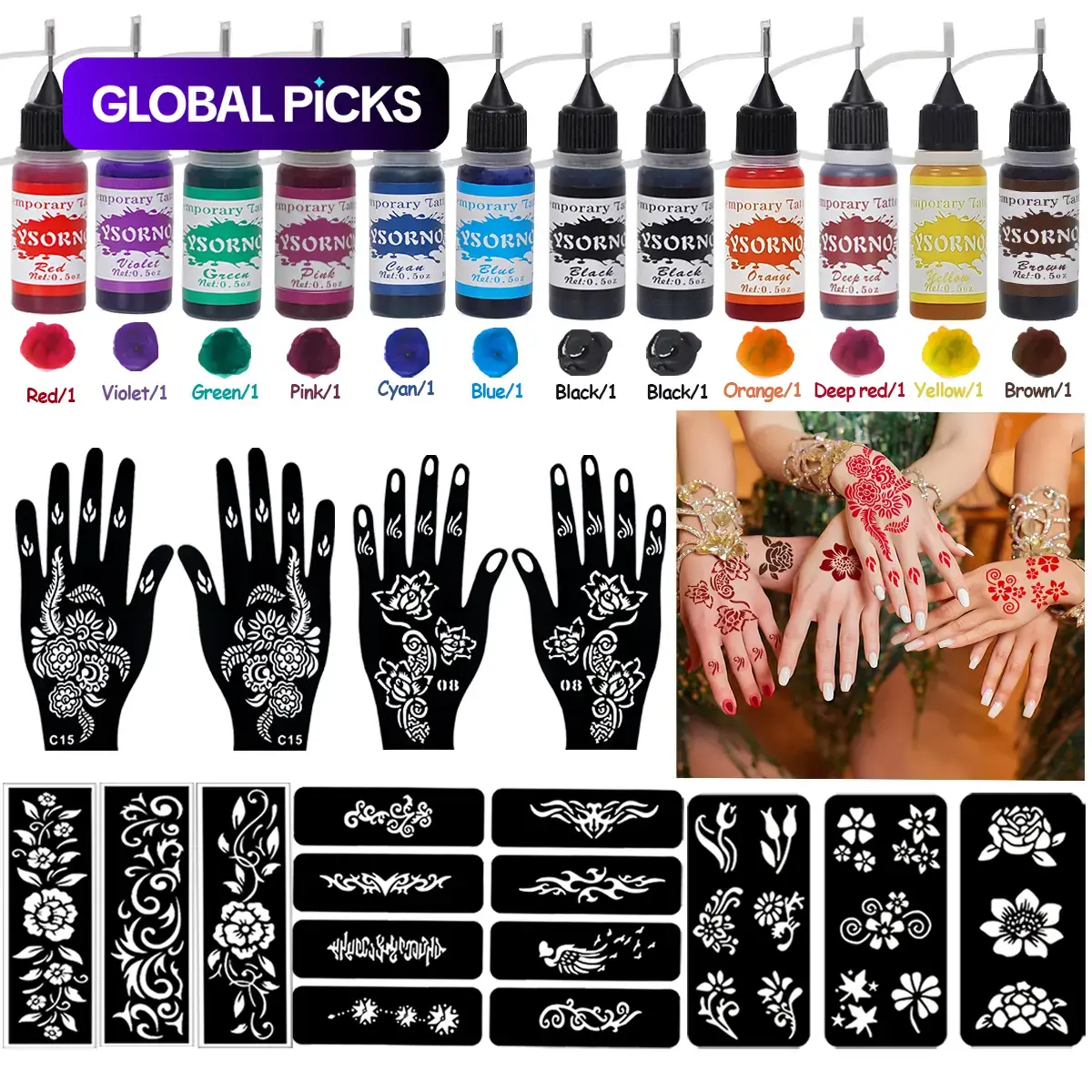 Hand Tattoo Stencil Set with 12 Temporary Tattoo Ink Bottles, Multi-Pack, Non-Flammable, Safe Ingredients (Purified Water, Ethanol, Glycerin & Propylene Glycol), Tattoo Supplies #GLOBAL PICKS