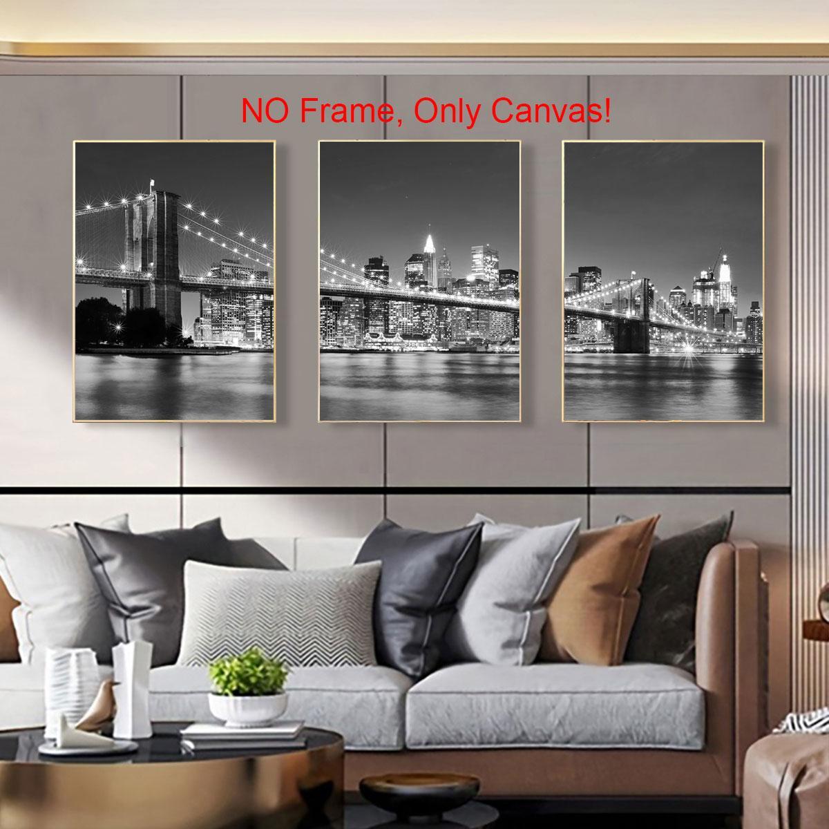 City Night Bridge Pattern Canvas Poster Cityscape Print without Frame, 3 Counts/set Architecture Themed Wall Art Wall Decor for Home Living Room Bedroom Office Wall Art Decoration