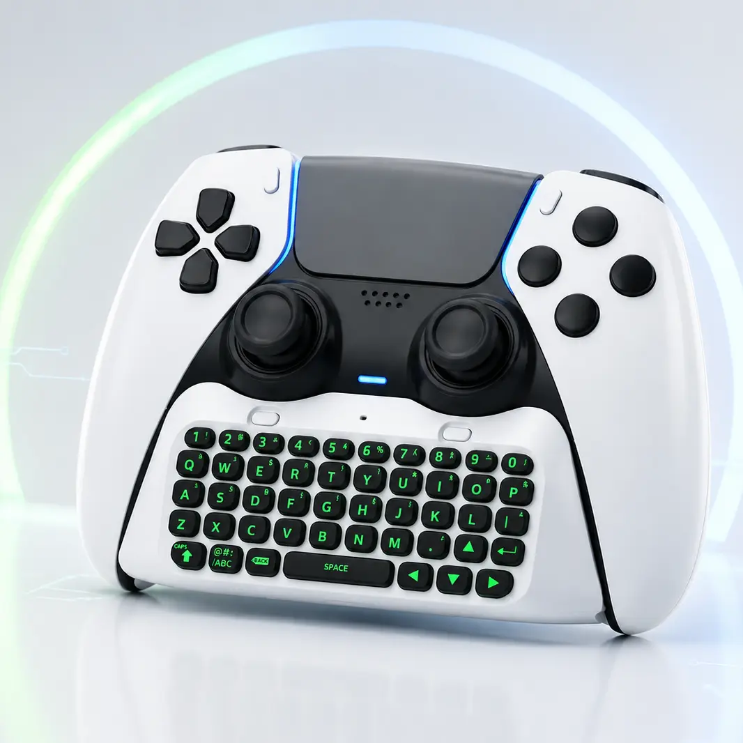 JYC Wireless Keyboard for PS5 Controller,  Mini Chatpad with Green Backlight, Built-in Speaker & 3.5mm Audio Jack, Gaming Keypad Accessories for ps5 Bluetooth Console White backtoschool