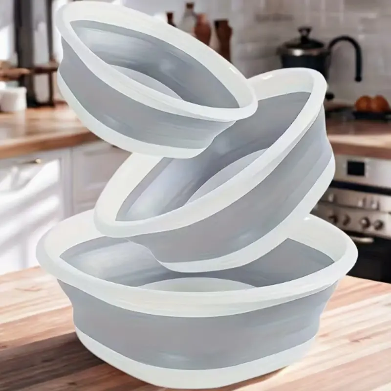 Three-Piece Foldable Plastic Basin Set, Vintage Thick-Durable, Multi-Functional Home Use, Portable Water Bowl for Washing Face, Vegetables, Clothes, Feet