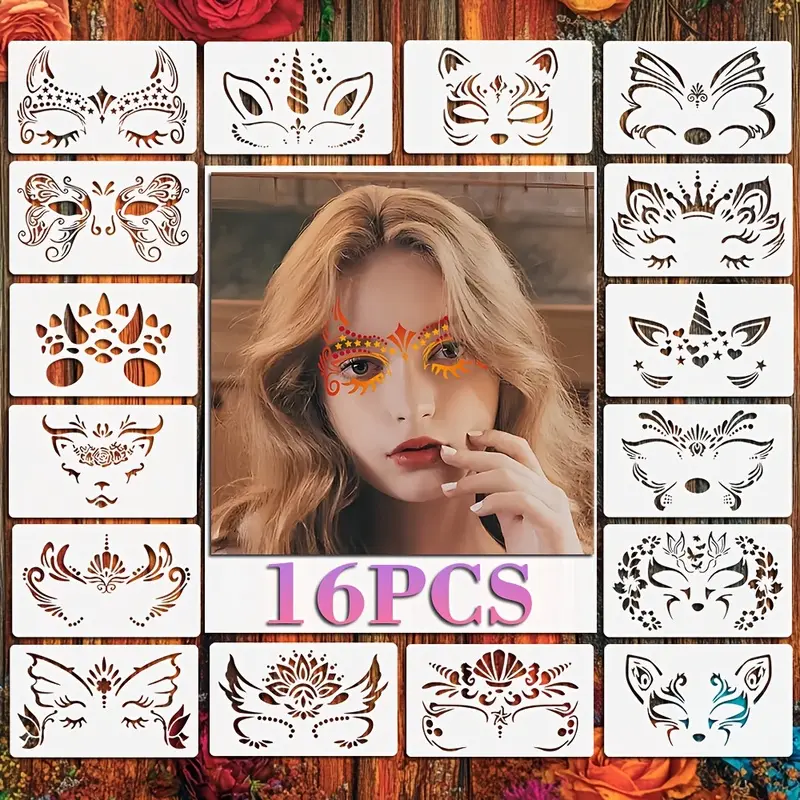 16-piece reusable face and body paint stencil kit, face tattoo painting templates for face painting, party makeup, festival tattoo templates, DIY art designs, hollow patterns, Tattoo Stencils (16 pieces - mixed 1)