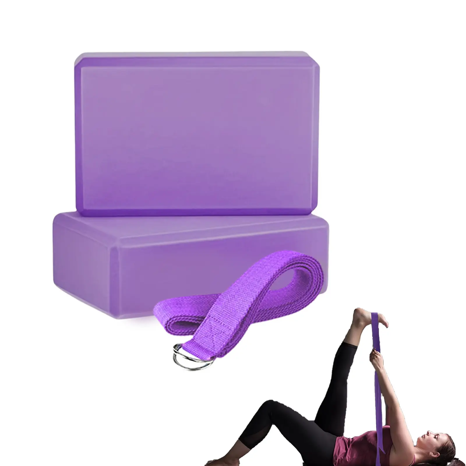 2 yoga blocks and 1 stretching strap, EVA yoga mat block set, high-density plain-colored exercise foam blocks, yoga blocks with knee protection and yoga strap set, perfect for beginners to try Pilates, fitness, and stretching, and to improve stability.