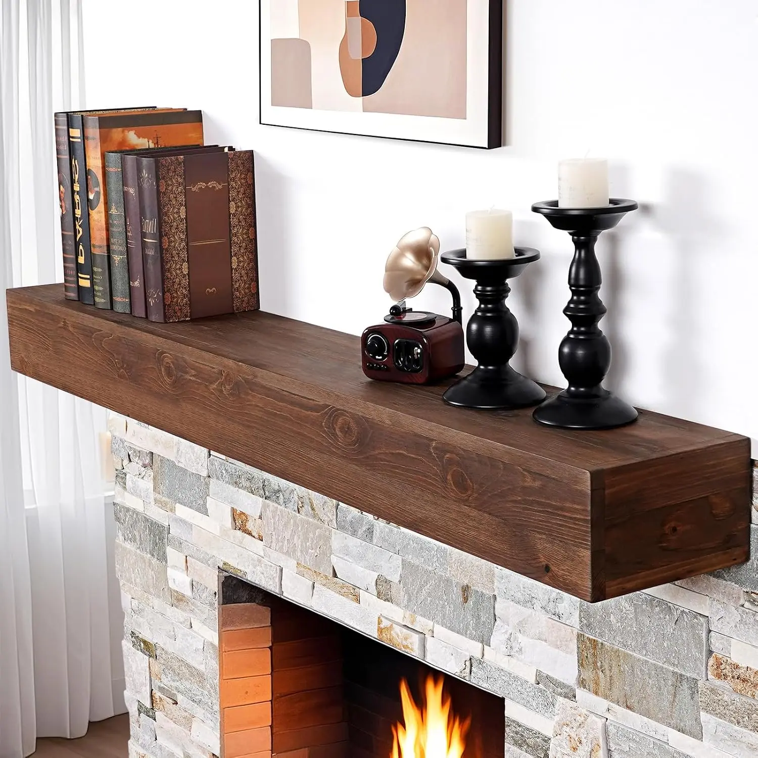 Fireplace Mantel 54 inch - Handcrafted Rustic Solid  Mantel l Floatin Mantle Shelves Decor for Wall, Bedroom, TV, Books, Livinroom.DarkWalnut