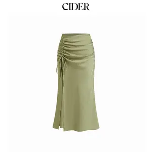 Cider Mid Rise Ruched Drawstring Zipper Mermaid Maxi Skirt
