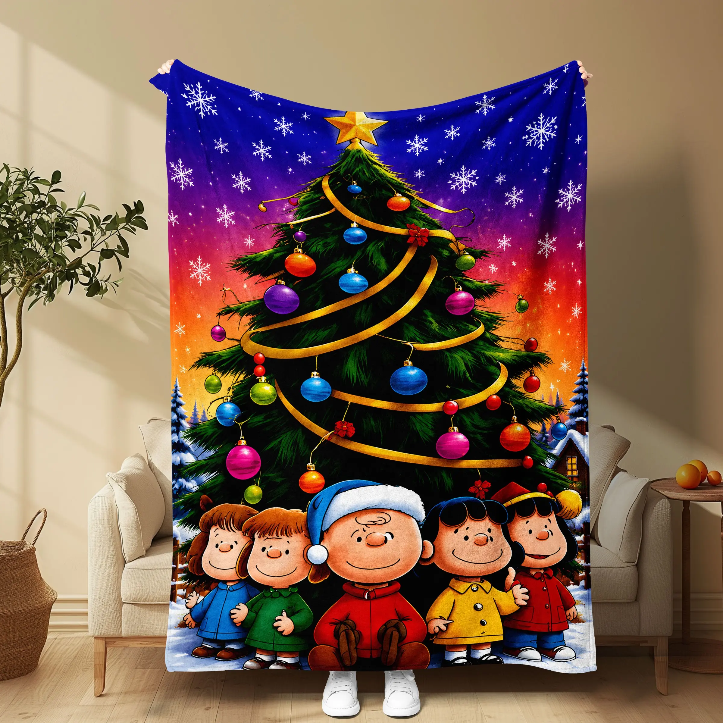 Charlie Peanuts Christmas Blanket, Soft Flannel, Dreamy Starry Snow Scene, Perfect for Home, Office, Car, Holiday Gift
