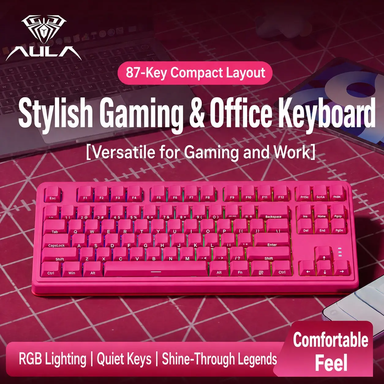 Aula S3187 Wired Keyboard, Plug and Play, 87 Keys, RGB Lighting, Membrane Design, Type-C Connection, Ergonomic, Office Gaming Typing