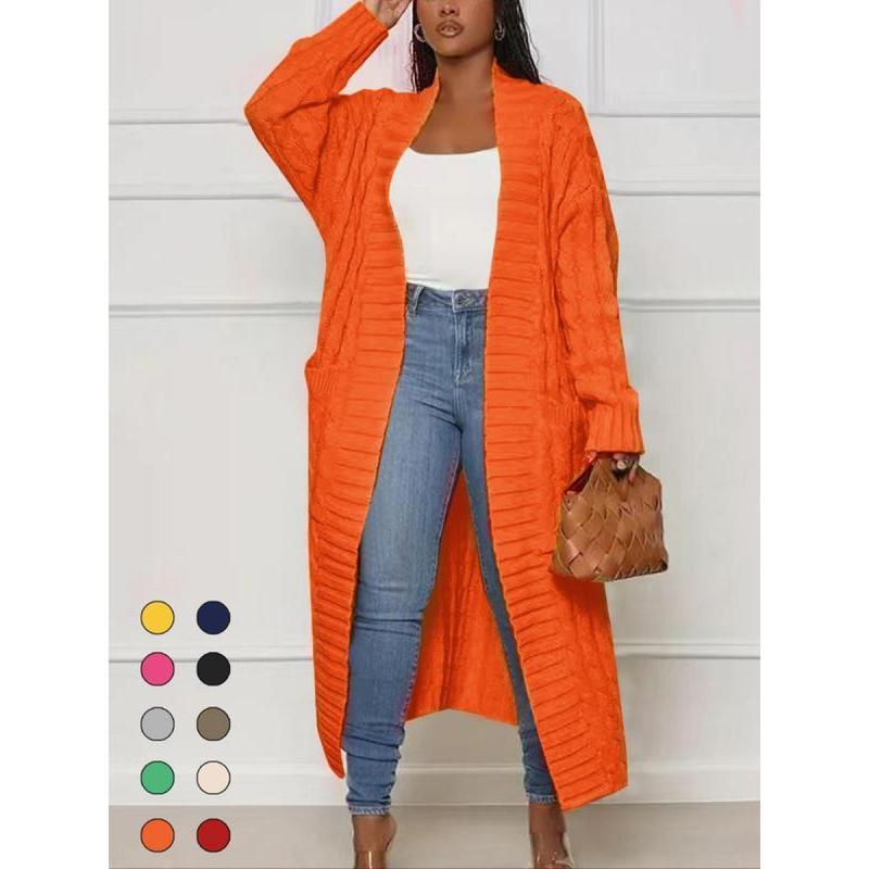 Women's Solid Color Textured Drop Shoulder Pocket Longline Cardigan, Casual Open Front Long Sleeve Knitwear for Fall & Winter, Women's Knit Clothing for Daily Wear, Lady Baggy Cardigans for Women, Womenswear, Casual Knit Top Can be used with a raincoat