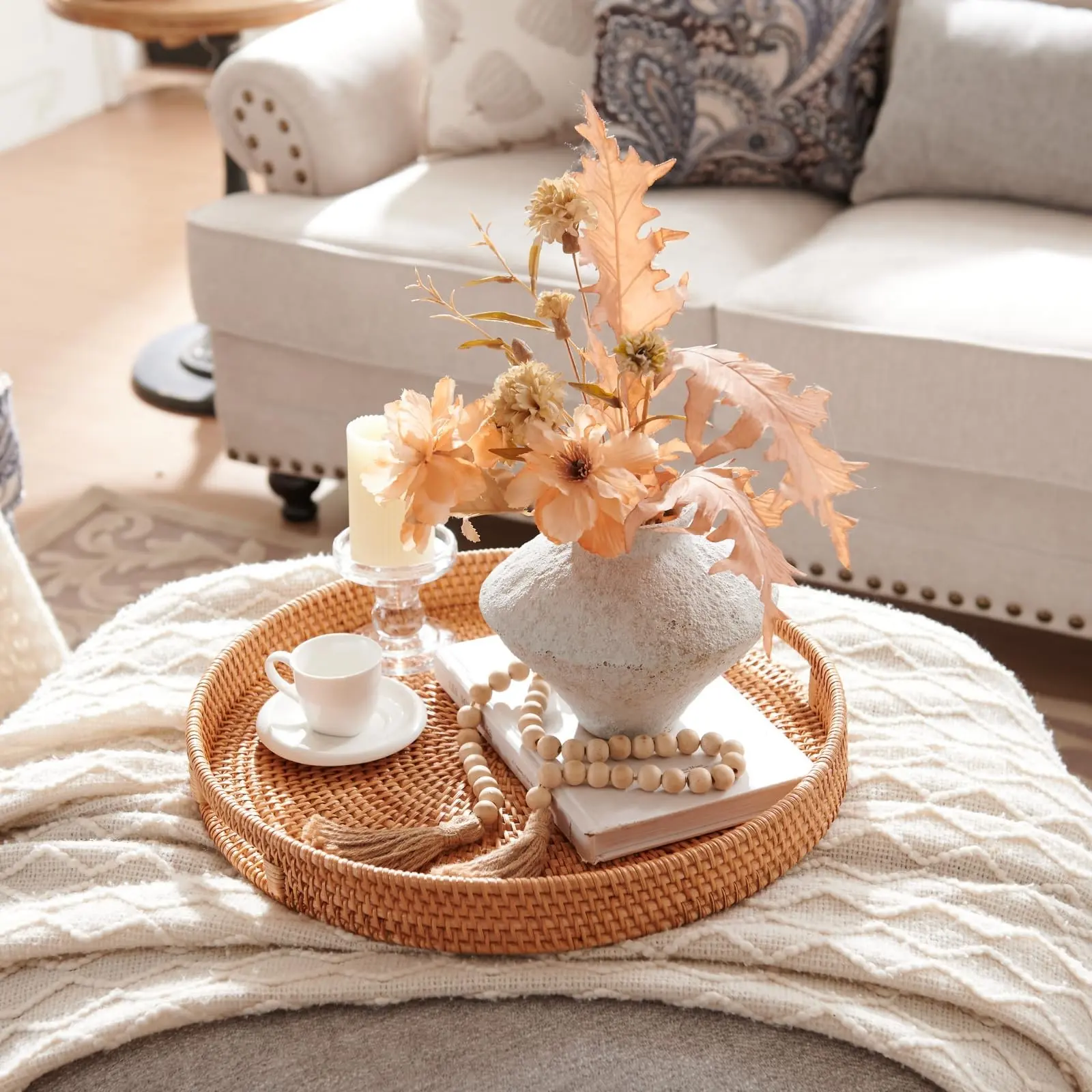 Hand-Woven Rattan Round Serving Tray, Coffee Table Tray, Ottoman Hand Woven Serving Basket with Handles, Fruit/Bread Serving Basket for Home Kitchen, Kitchen Organizers And Storage, Boho Wicker Serving Basket for Ottoman, Coffee Table, 11.8 inch