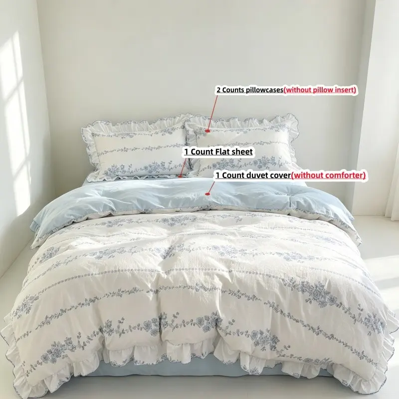 4pcs Blue Floral Bedding Set, Includes Duvet Cover, Flat Sheet, 2 Pillowcases,without any filling, 100% Polyester, Single Twin Double Queen King Size bed