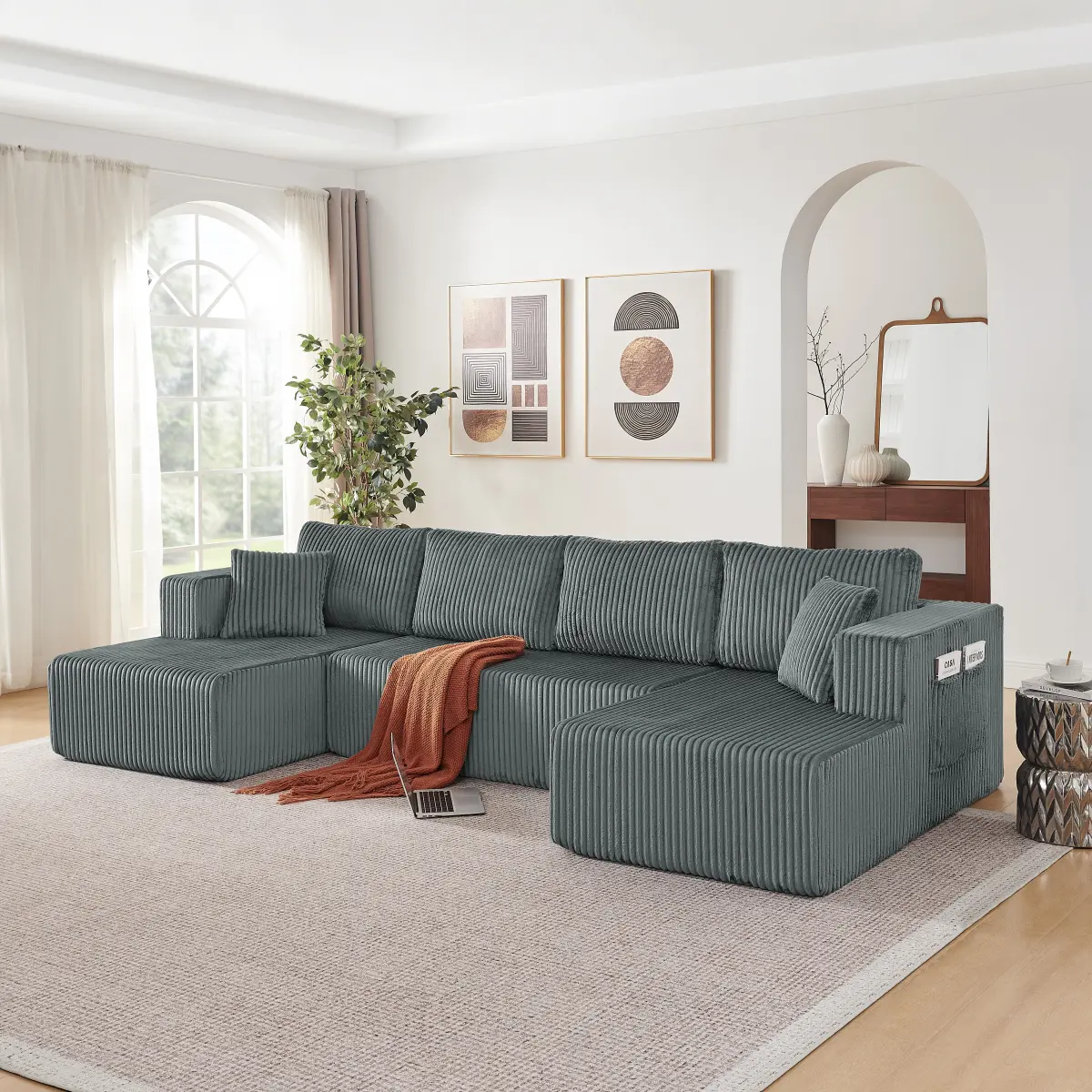 Aobtkel 132" U-Shaped Convertible Modular 4-Seater Sectional Sofa - No-Assembly Corduroy Couch, Cloud-Like Soft Memory Foam Sleeper, Ergonomic High Backrest, Side Pockets, Wrinkle-Resistant, Pillow-Included for Living Room, Dark Grey, 4-Seater Sofas & Cou