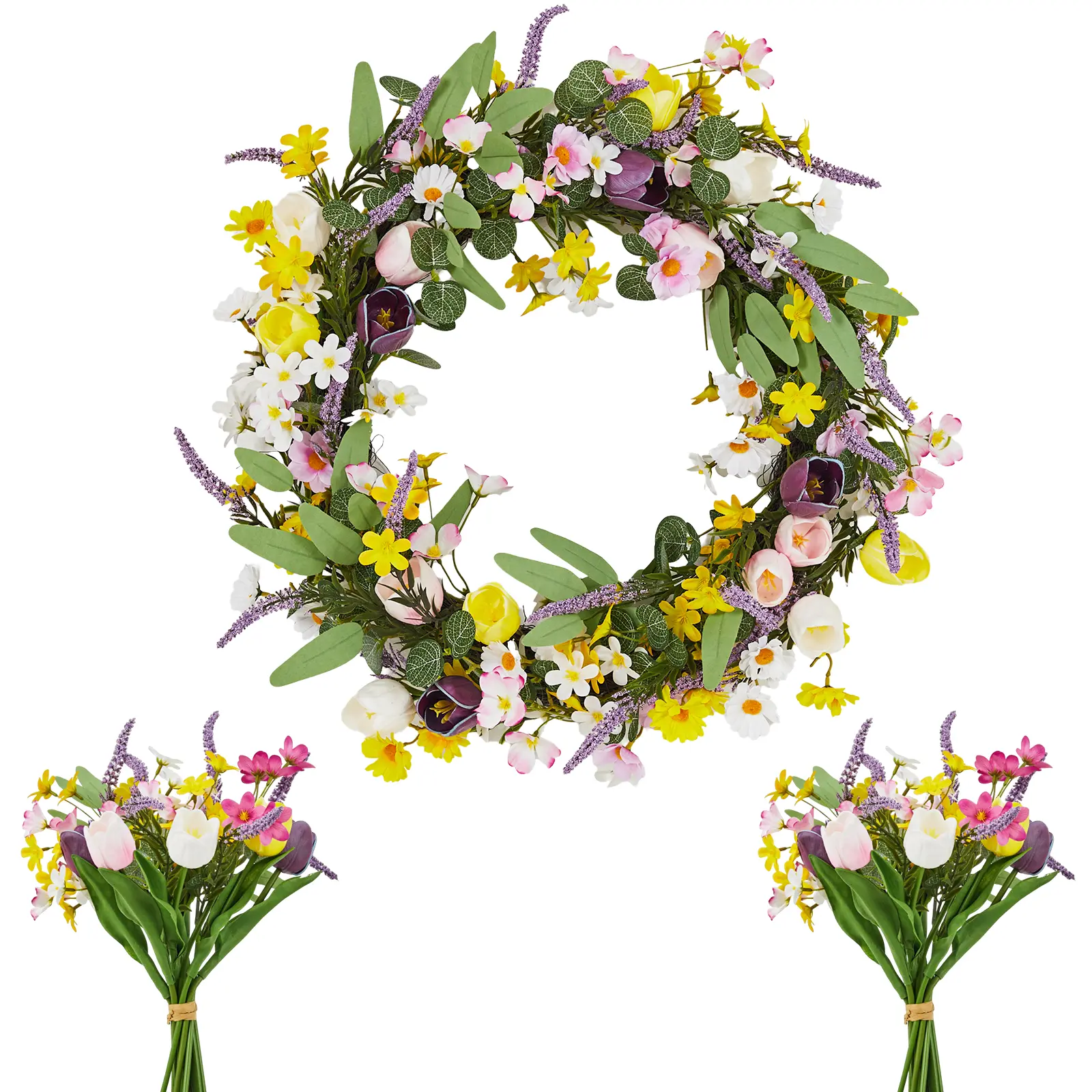24" Decorative Artificial Flower Wreath Set - Farmhouse Front Door Entryway Decor with Lush Greenery, Real Rattan Base, 2 Matching Bouquets